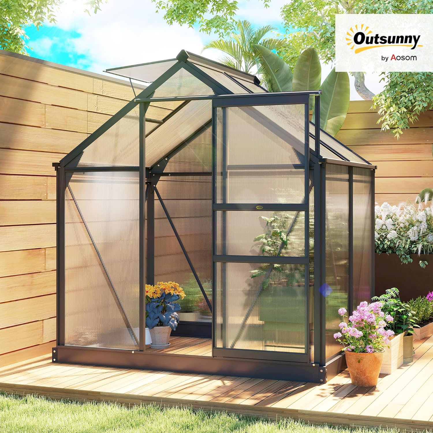Outsunny Gewächshaus Aluminium 2,51m2 190x132x201cm mit Fundament Dachfenster Schiebetür 4 mm Platten, UV-beständig Treibhaus Aufzucht Tomatenhaus Pflanzenhaus Frühbeet für Garten Outdoor — Ansicht 2
