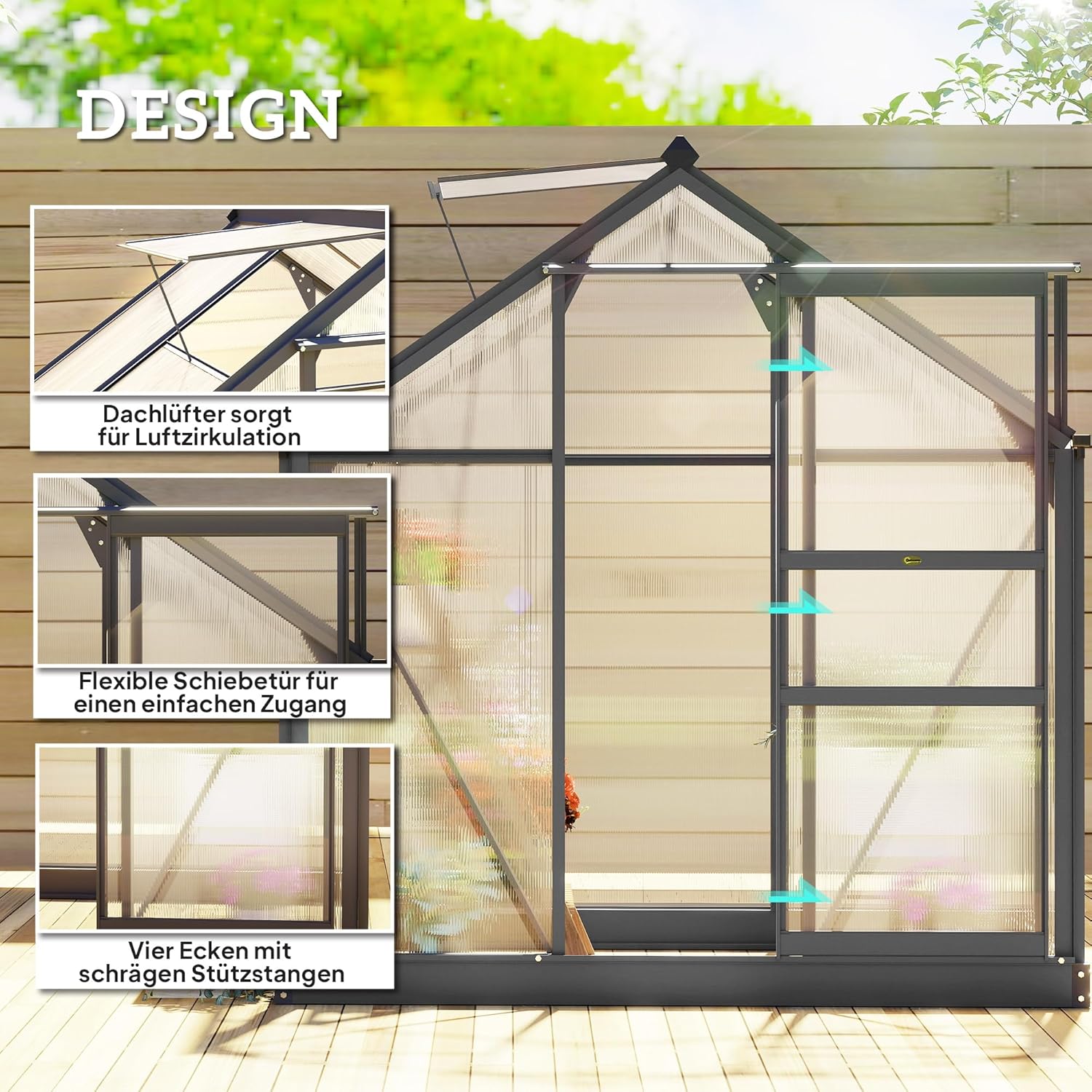 Outsunny Gewächshaus Aluminium 2,51m2 190x132x201cm mit Fundament Dachfenster Schiebetür 4 mm Platten, UV-beständig Treibhaus Aufzucht Tomatenhaus Pflanzenhaus Frühbeet für Garten Outdoor — Ansicht 3