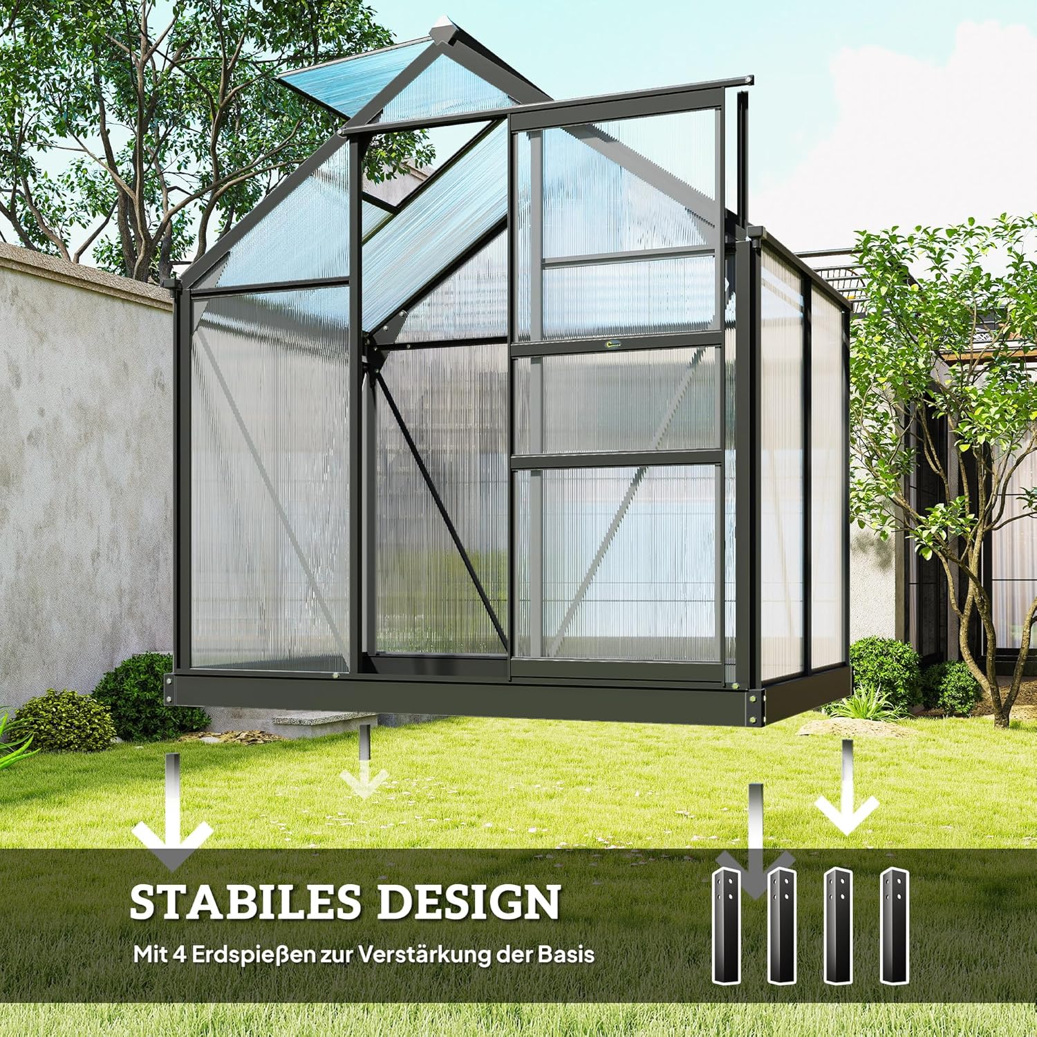 Outsunny Gewächshaus Aluminium 2,51m2 190x132x201cm mit Fundament Dachfenster Schiebetür 4 mm Platten, UV-beständig Treibhaus Aufzucht Tomatenhaus Pflanzenhaus Frühbeet für Garten Outdoor — Ansicht 5
