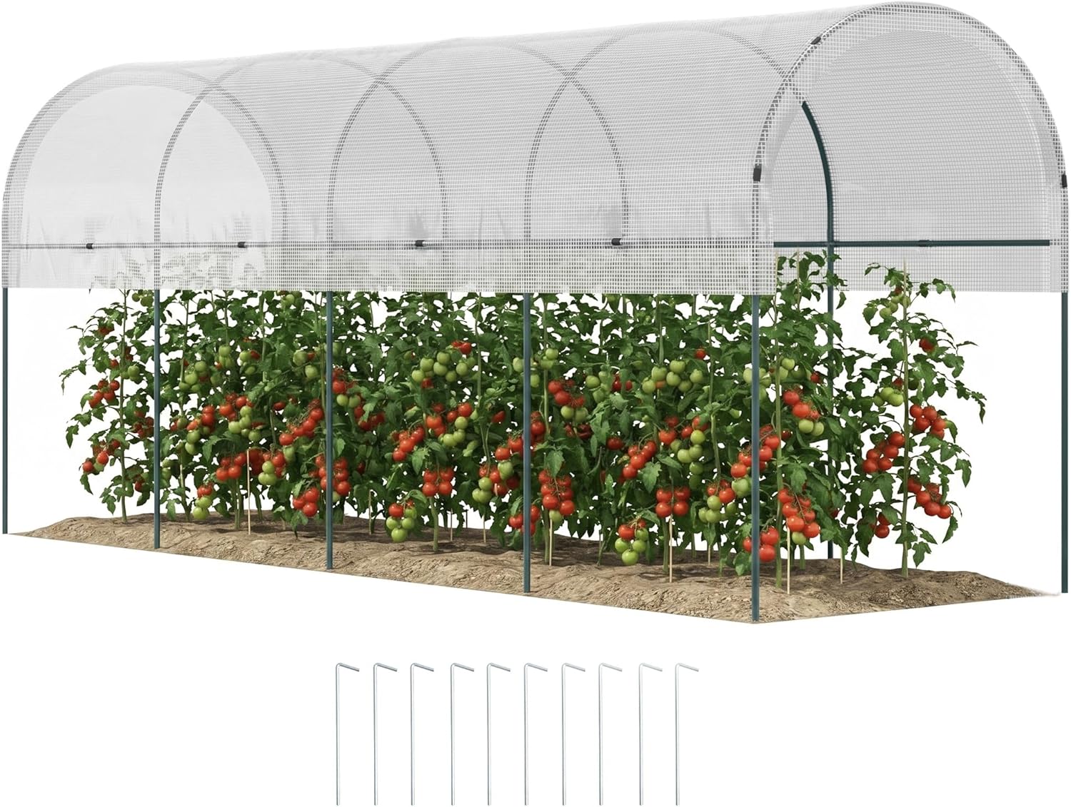 Outsunny Gewächshaus Winterfest Foliengewächshaus mit Bogendach, Erdanker Robuster Stalrahmen, Offenes Treibhaus zum Stecken, 400 x 120 x 170cm, Tomatenhaus für Tomaten, Gemüse, Pflanzen, Weiß