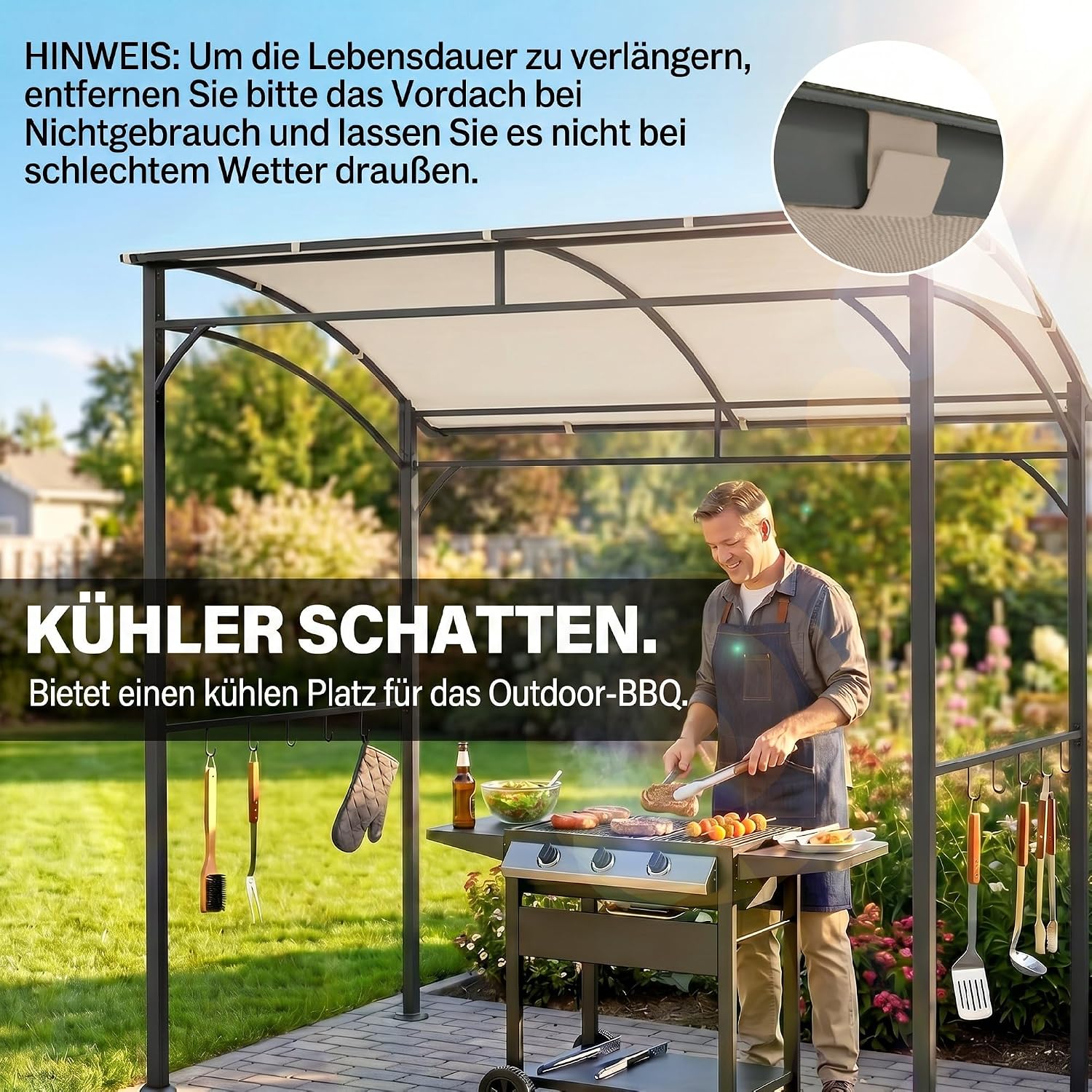 Outsunny Grillpavillon 215 x 150 x 220 cm Wasserabweisend Gartenpavillon mit Gebogendach, Gartenlauben mit Haken, BBQ Pavillon, Gartenzelt Grillzelt Partyzelt für Garten Party Picknick BBQ, Beige — Ansicht 3