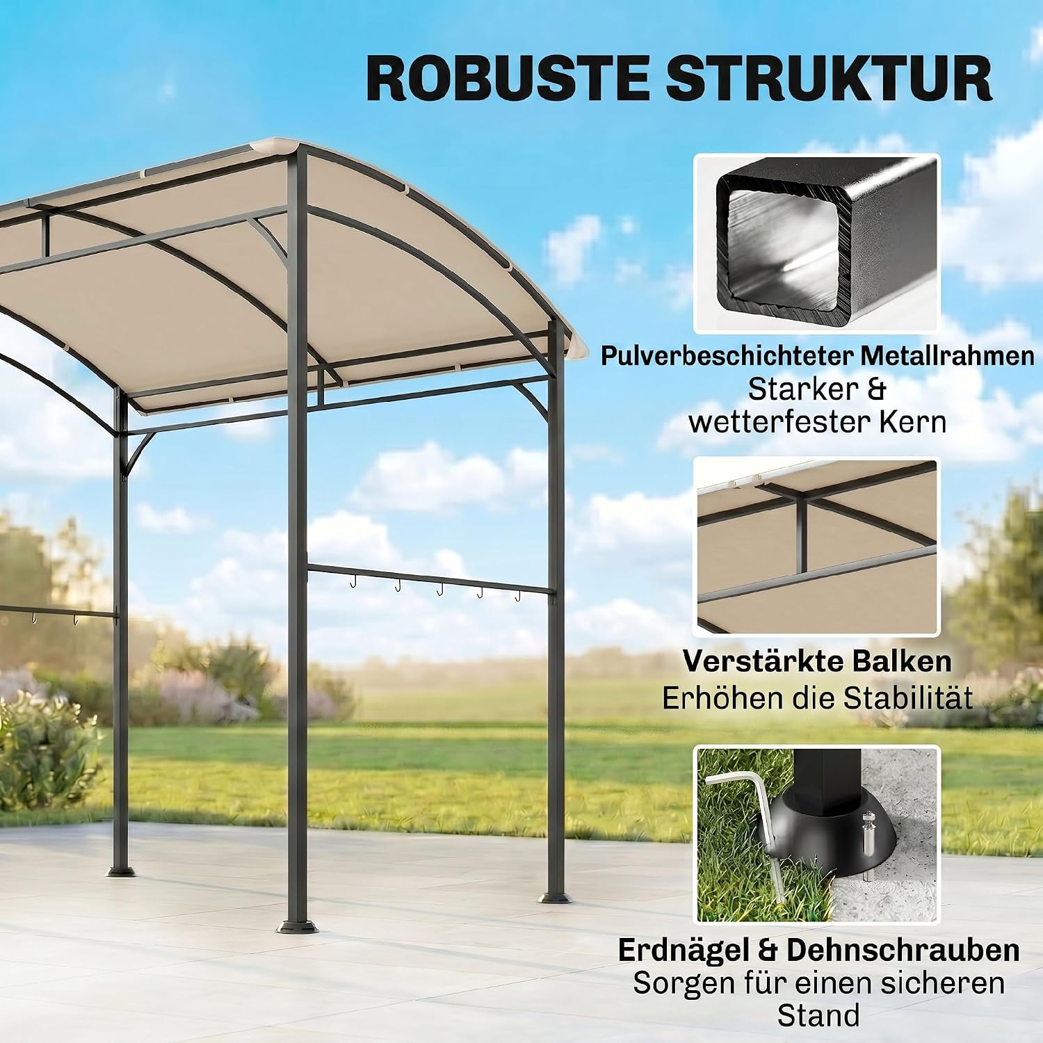 Outsunny Grillpavillon 215 x 150 x 220 cm Wasserabweisend Gartenpavillon mit Gebogendach, Gartenlauben mit Haken, BBQ Pavillon, Gartenzelt Grillzelt Partyzelt für Garten Party Picknick BBQ, Beige — Ansicht 5