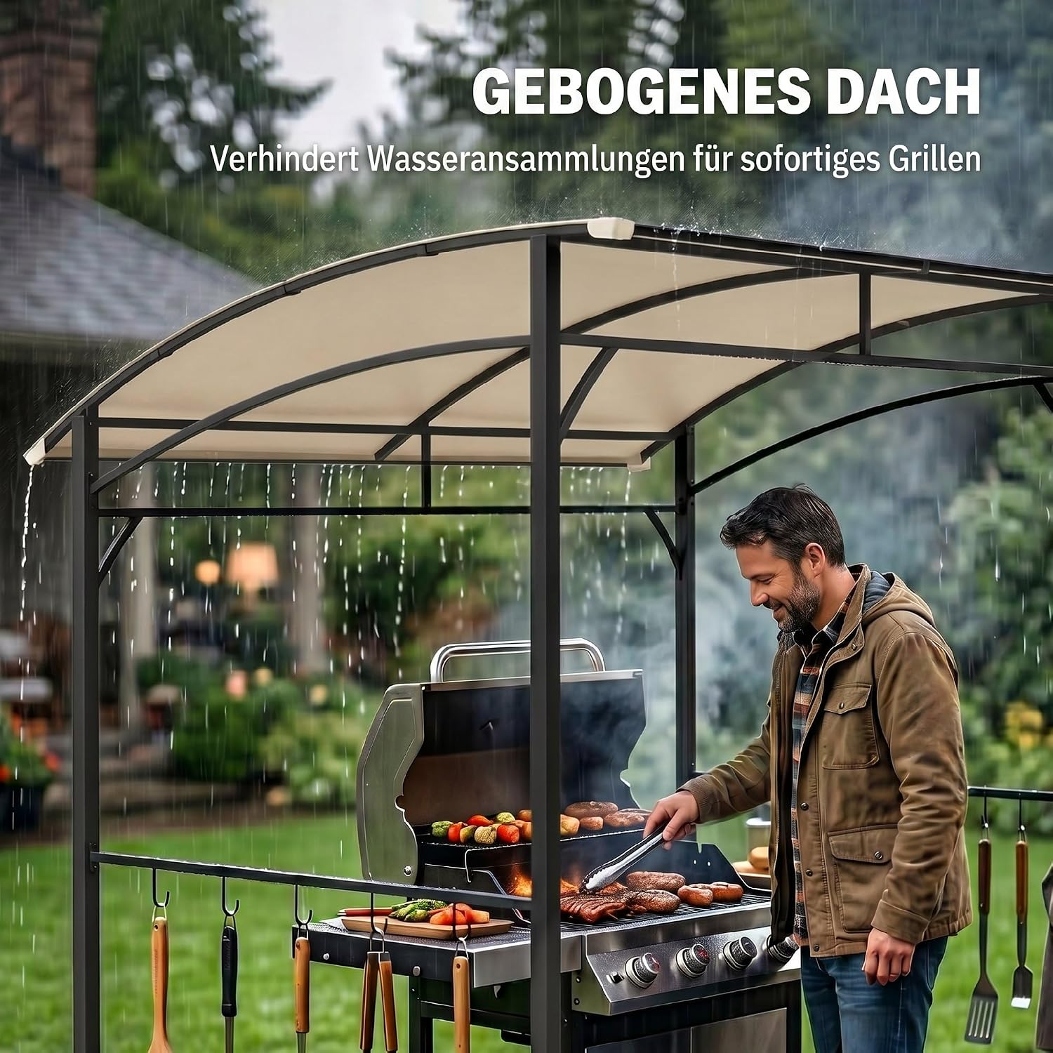 Outsunny Grillpavillon 215 x 150 x 220 cm Wasserabweisend Gartenpavillon mit Gebogendach, Gartenlauben mit Haken, BBQ Pavillon, Gartenzelt Grillzelt Partyzelt für Garten Party Picknick BBQ, Beige — Ansicht 6