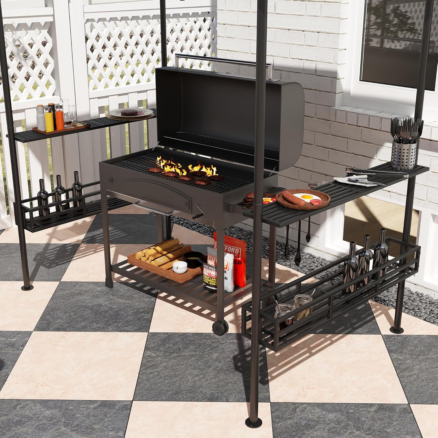 Outsunny Grillpavillon 240 x 150 x 257 cm wasserdicht flammhemmend Gartenpavillon mit Doppeldach, Seitenregalen, Gartenlauben mit UV-Schutz, BBQ Pavillon aus Stahl, Grillzelt für Party BBQ, Beige — Ansicht 6