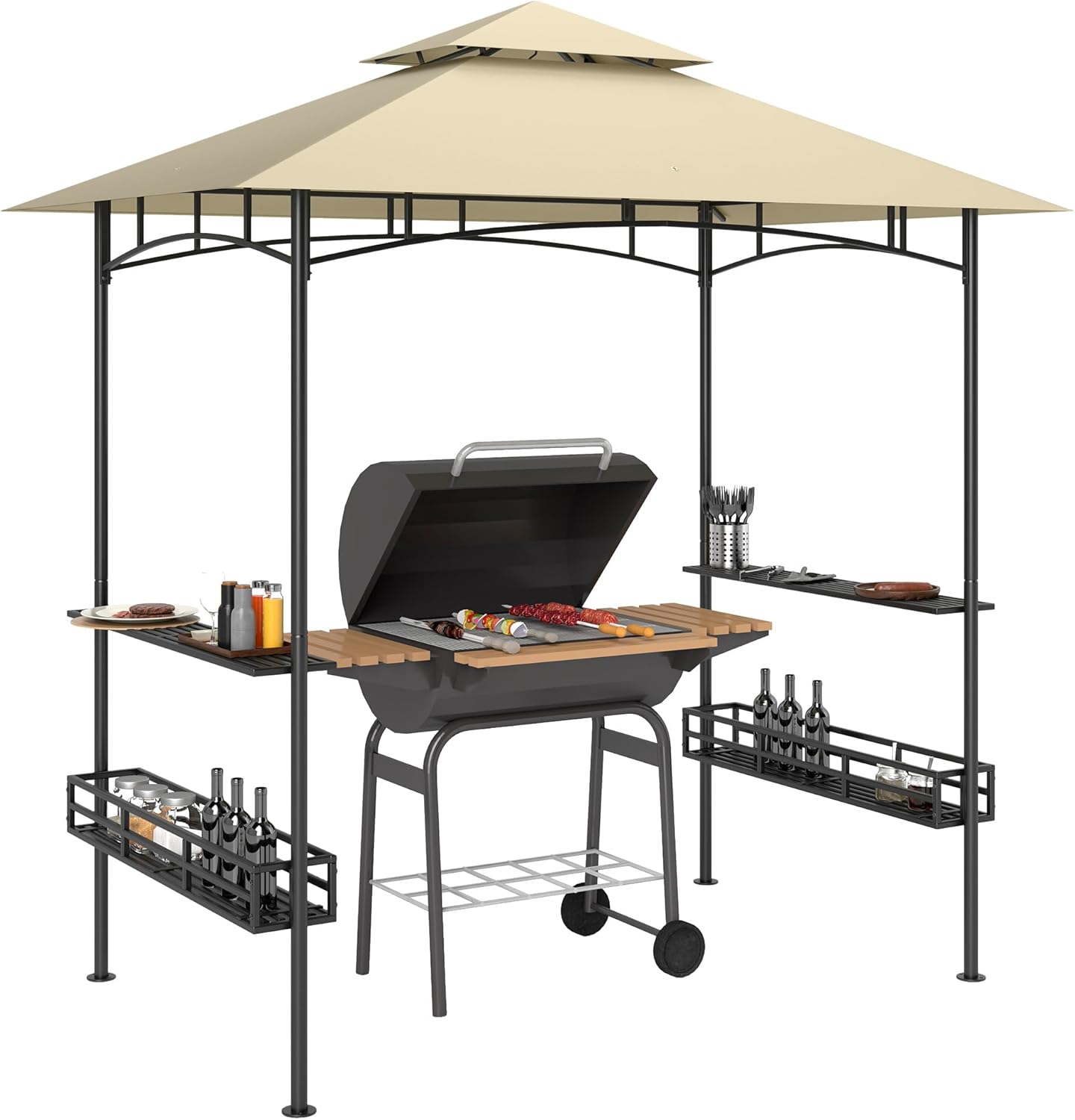 Outsunny Grillpavillon 240 x 150 x 257 cm wasserdicht flammhemmend Gartenpavillon mit Doppeldach, Seitenregalen, Gartenlauben mit UV-Schutz, BBQ Pavillon aus Stahl, Grillzelt für Party BBQ, Beige