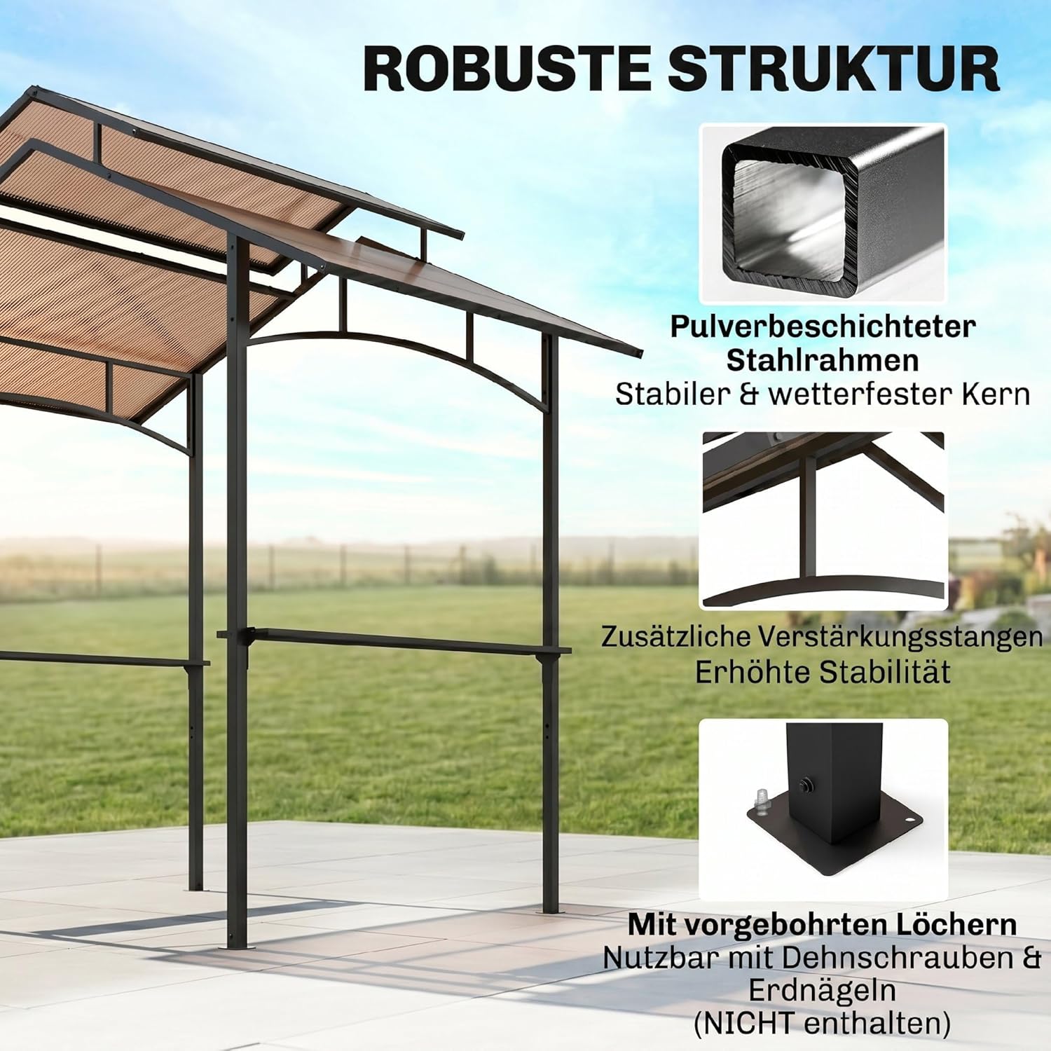 Outsunny Grillpavillon mit Flammschutzdach BBQ-Pavillon mit 2 Ablagen 2,5 x 1,5m Stahl PC Schwarz+Braun — Ansicht 5