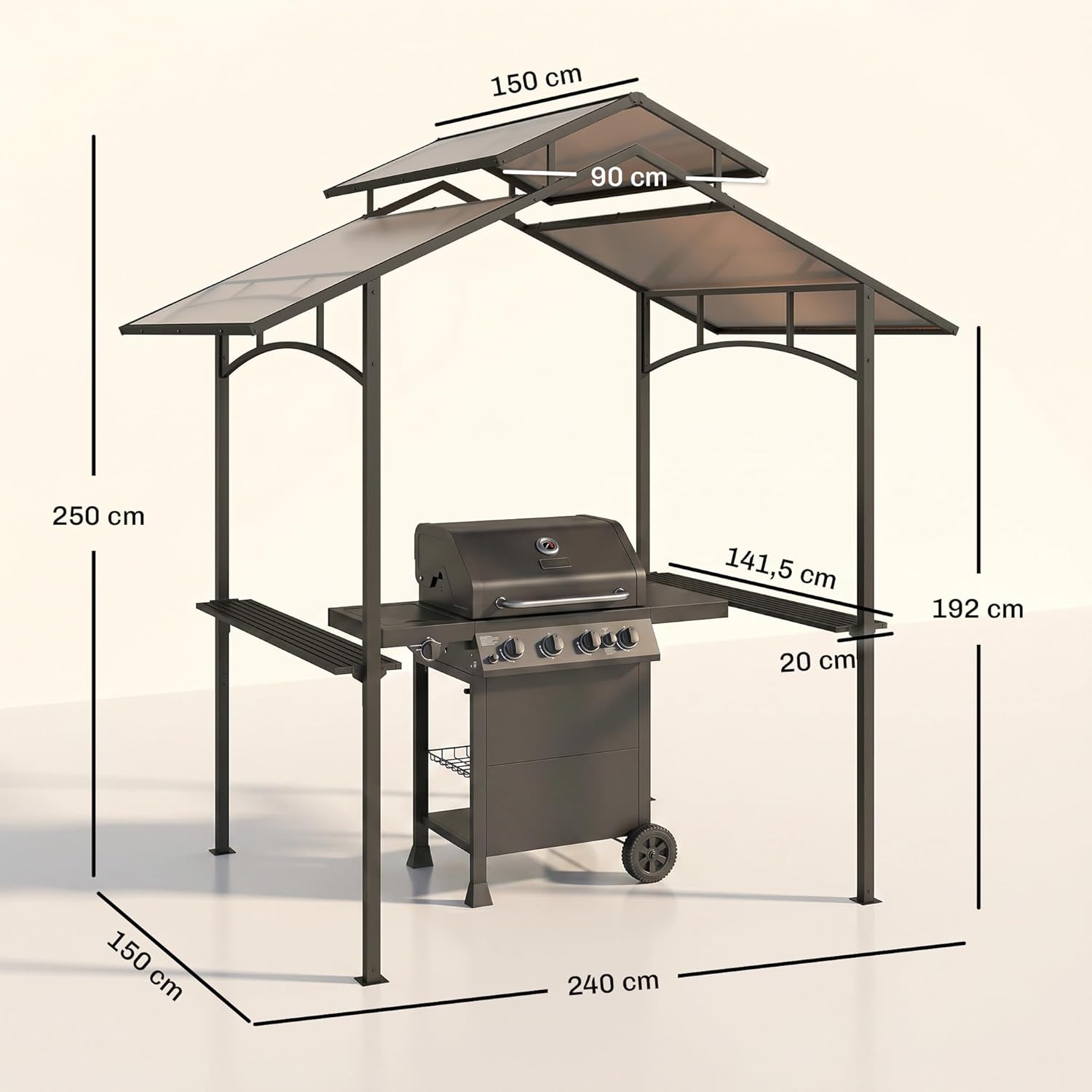 Outsunny Grillpavillon mit Flammschutzdach BBQ-Pavillon mit 2 Ablagen 2,5 x 1,5m Stahl PC Schwarz+Braun — Ansicht 6
