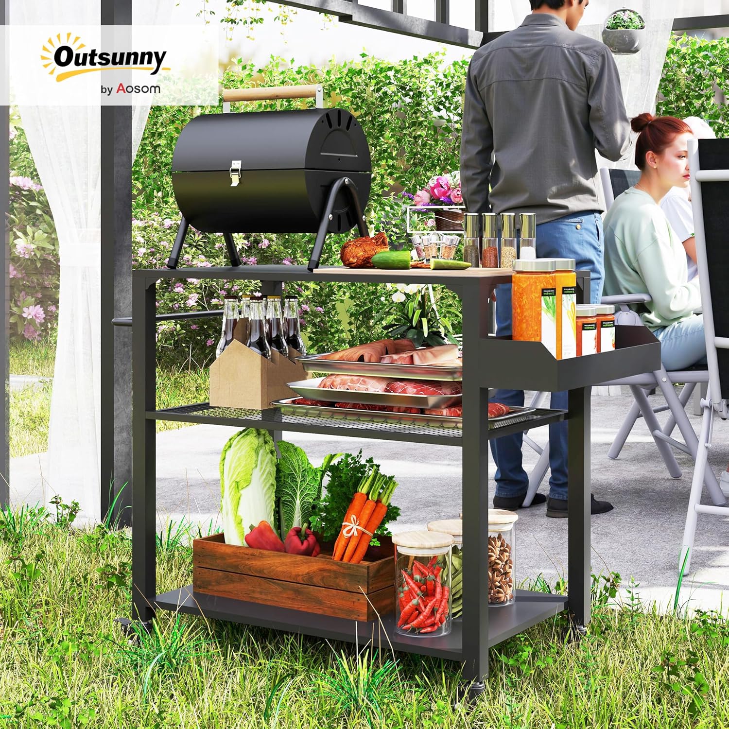 Outsunny Grillwagen 3-Etagen Servierwagen mit Arbeitsfläche Ablagen Räder, BBQ Grilltisch aus Edelstahl, Grill Beistelltisch, Outdoor Trolley, Holzkohlegrill für Garten, Terrasse, 105x50x79cm Schwarz — Ansicht 2