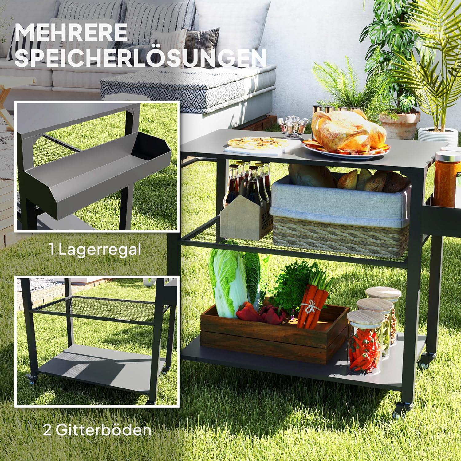 Outsunny Grillwagen 3-Etagen Servierwagen mit Arbeitsfläche Ablagen Räder, BBQ Grilltisch aus Edelstahl, Grill Beistelltisch, Outdoor Trolley, Holzkohlegrill für Garten, Terrasse, 105x50x79cm Schwarz — Ansicht 4