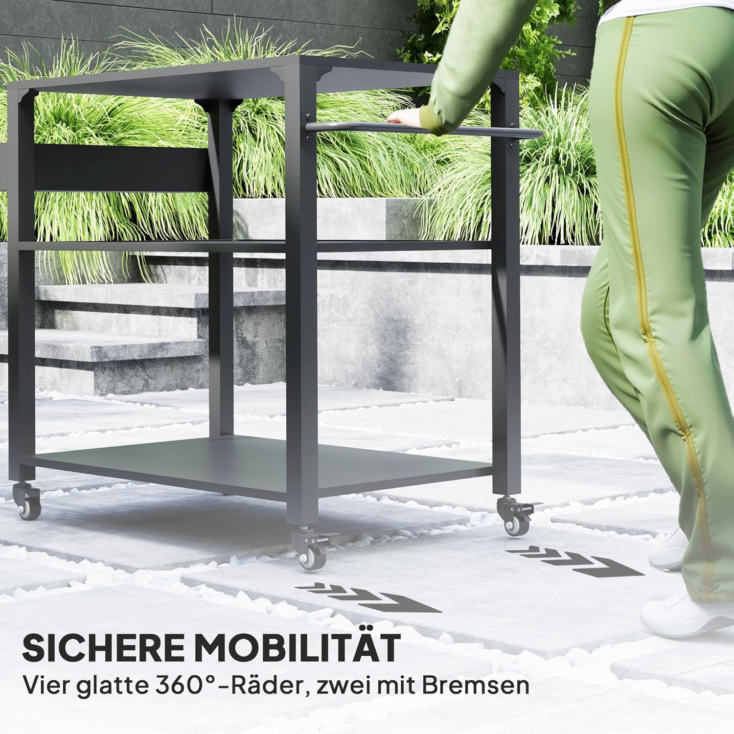 Outsunny Grillwagen 3-Etagen Servierwagen mit Arbeitsfläche Ablagen Räder, BBQ Grilltisch aus Edelstahl, Grill Beistelltisch, Outdoor Trolley, Holzkohlegrill für Garten, Terrasse, 105x50x79cm Schwarz — Ansicht 5