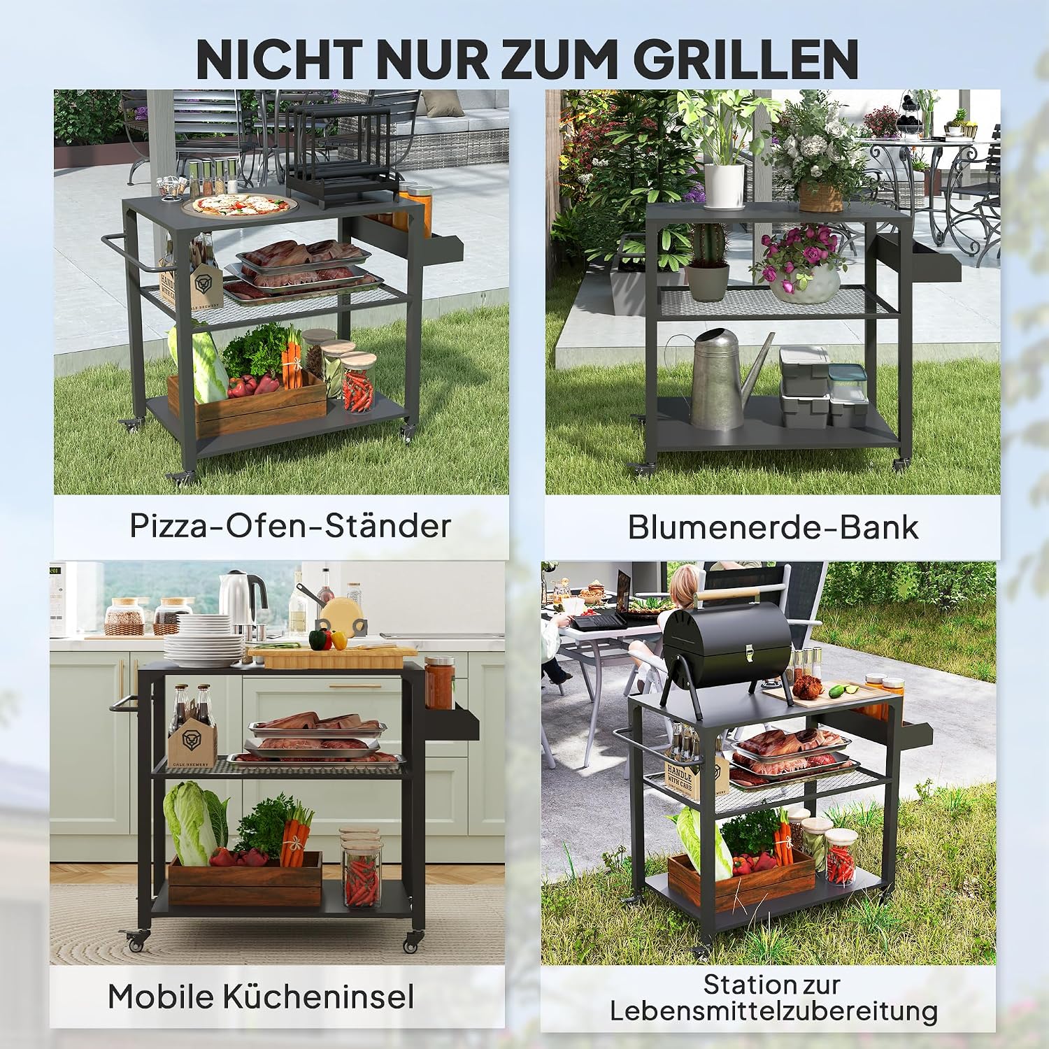 Outsunny Grillwagen 3-Etagen Servierwagen mit Arbeitsfläche Ablagen Räder, BBQ Grilltisch aus Edelstahl, Grill Beistelltisch, Outdoor Trolley, Holzkohlegrill für Garten, Terrasse, 105x50x79cm Schwarz — Ansicht 6