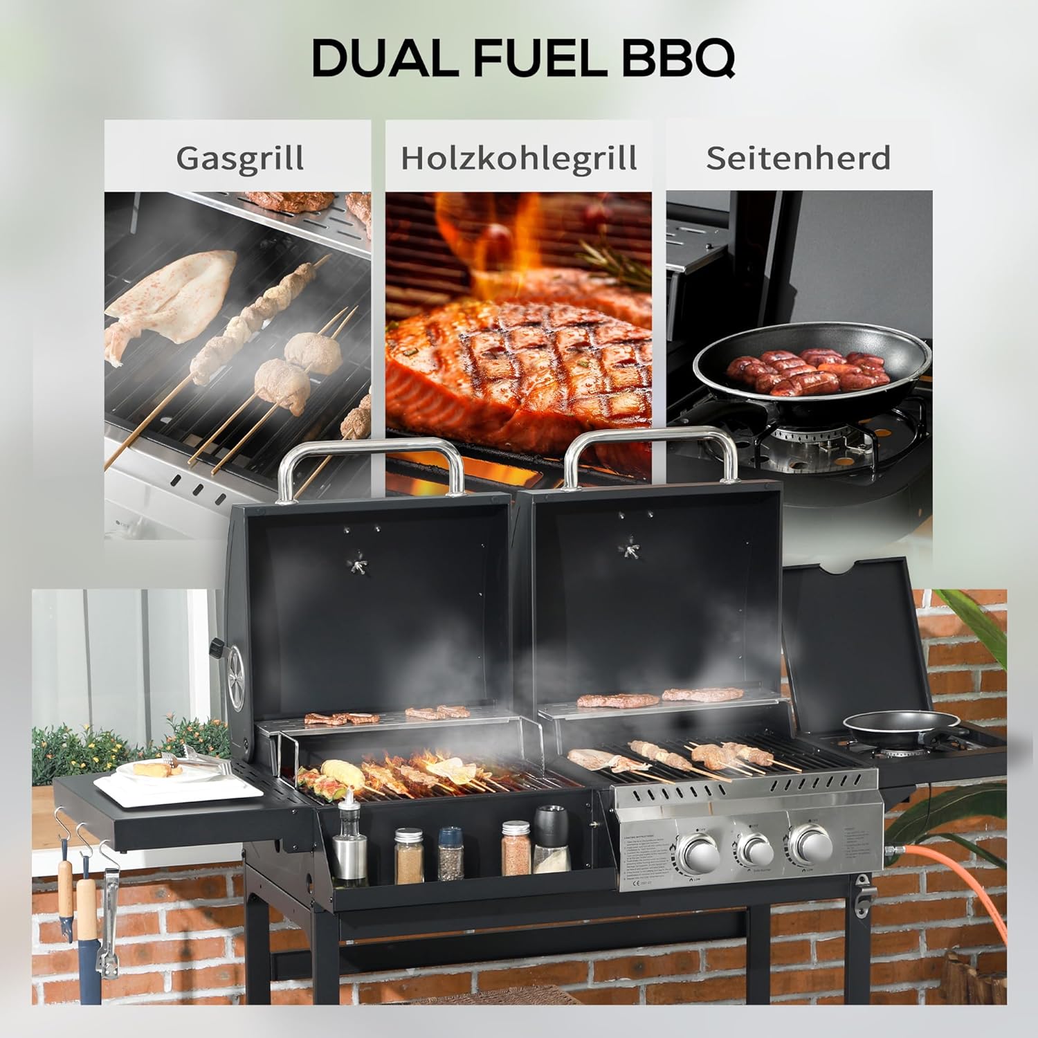 Outsunny Grillwagen Gasgrill mit 2+1 Brenner, Thermometer, 3kW BBQ Holzkohlgrill mit Regal, Seitenablage, Haken, Campinggrill mit Schlauch für Garten, Balkon, Schwarz — Ansicht 3