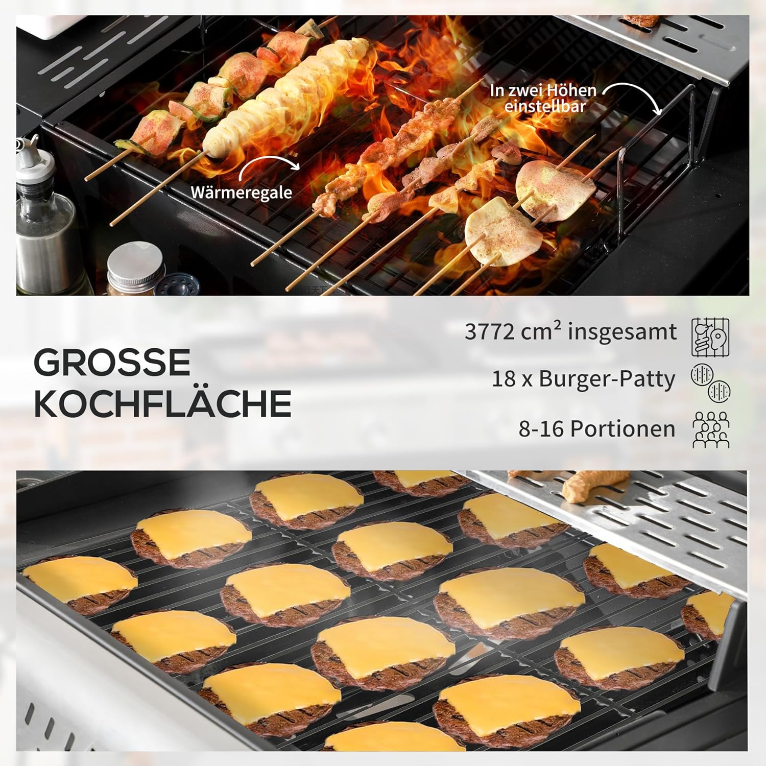 Outsunny Grillwagen Gasgrill mit 2+1 Brenner, Thermometer, 3kW BBQ Holzkohlgrill mit Regal, Seitenablage, Haken, Campinggrill mit Schlauch für Garten, Balkon, Schwarz — Ansicht 4
