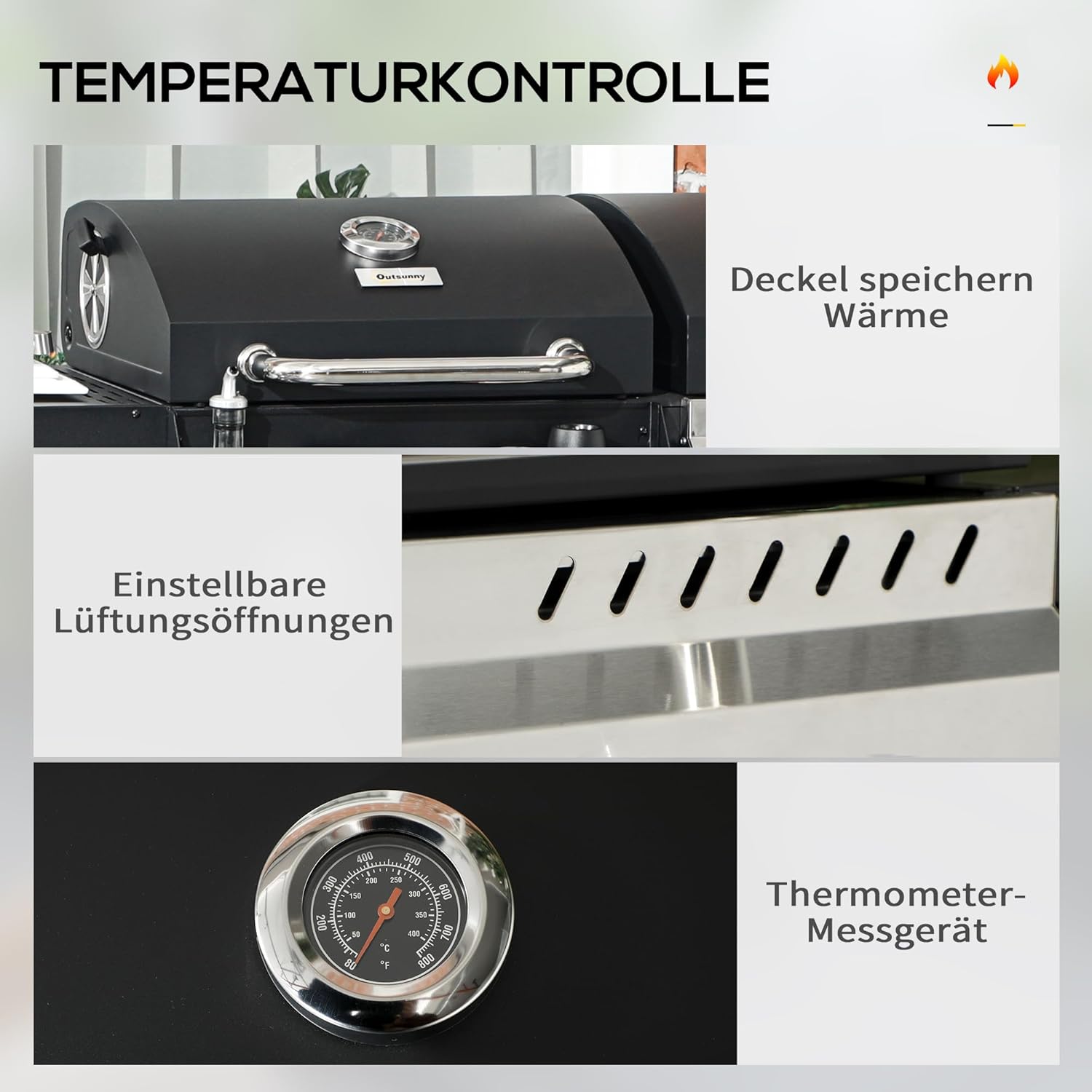 Outsunny Grillwagen Gasgrill mit 2+1 Brenner, Thermometer, 3kW BBQ Holzkohlgrill mit Regal, Seitenablage, Haken, Campinggrill mit Schlauch für Garten, Balkon, Schwarz — Ansicht 5