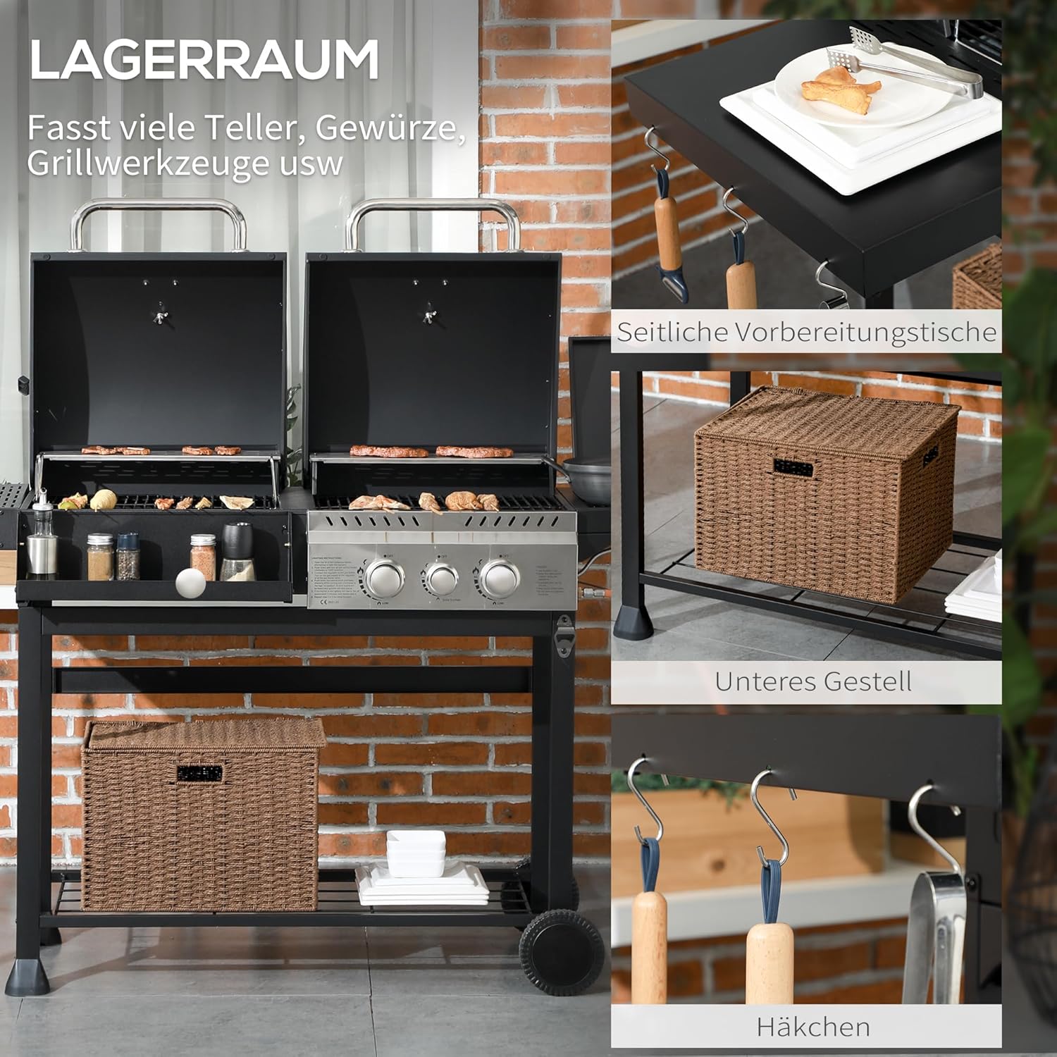 Outsunny Grillwagen Gasgrill mit 2+1 Brenner, Thermometer, 3kW BBQ Holzkohlgrill mit Regal, Seitenablage, Haken, Campinggrill mit Schlauch für Garten, Balkon, Schwarz — Ansicht 6