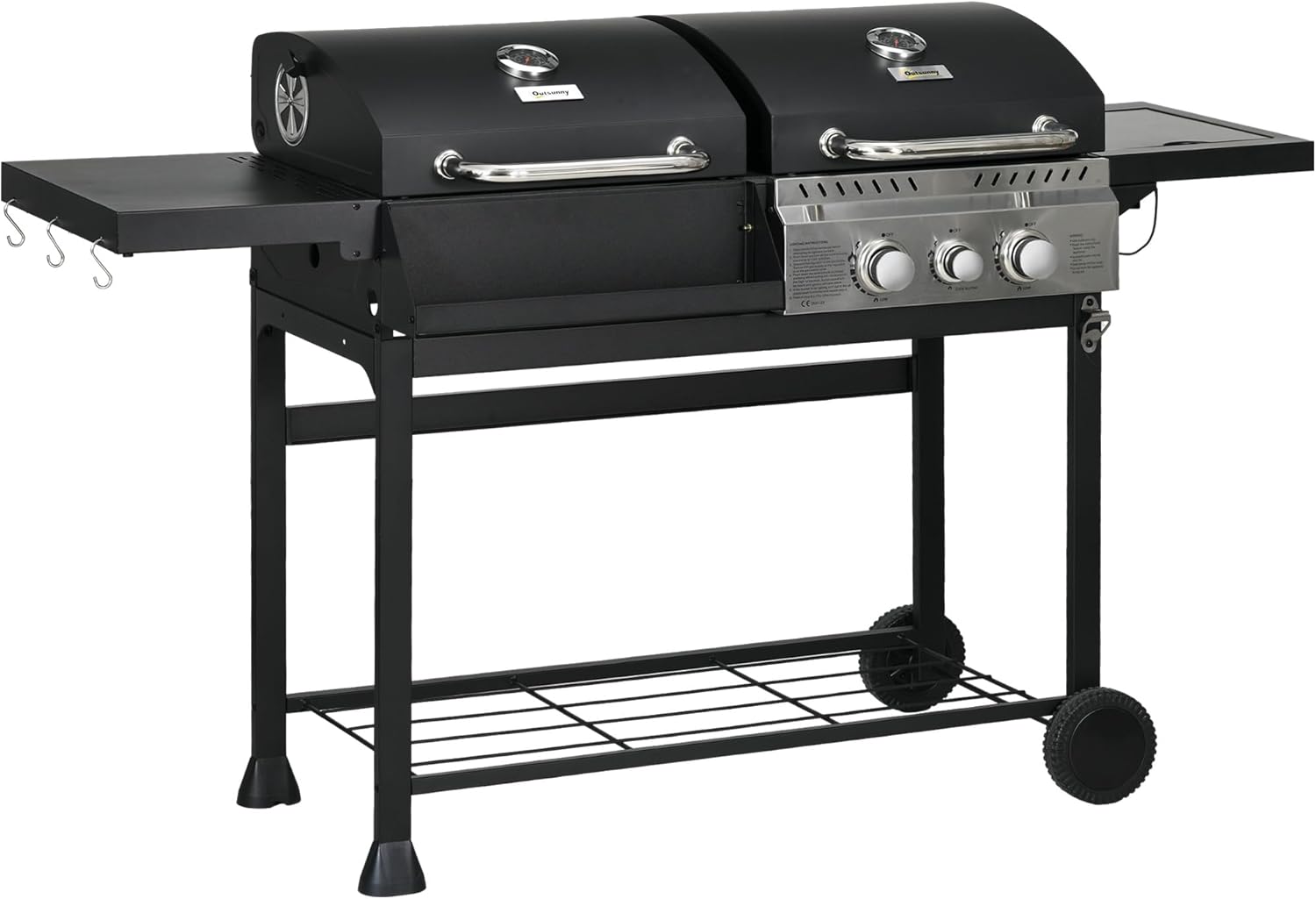 Outsunny Grillwagen Gasgrill mit 2+1 Brenner, Thermometer, 3kW BBQ Holzkohlgrill mit Regal, Seitenablage, Haken, Campinggrill mit Schlauch für Garten, Balkon, Schwarz