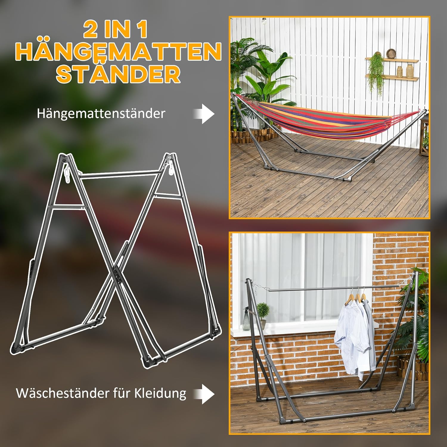 Outsunny Hängemattengestell für Hängematte, Faltbarer 2-in-1 Hängemattenständer, Kleiderständer für Terrasse, Garten, Hof, bis 120 kg Belastbar, Stahl, 290 x 92 x 88cm — Ansicht 3