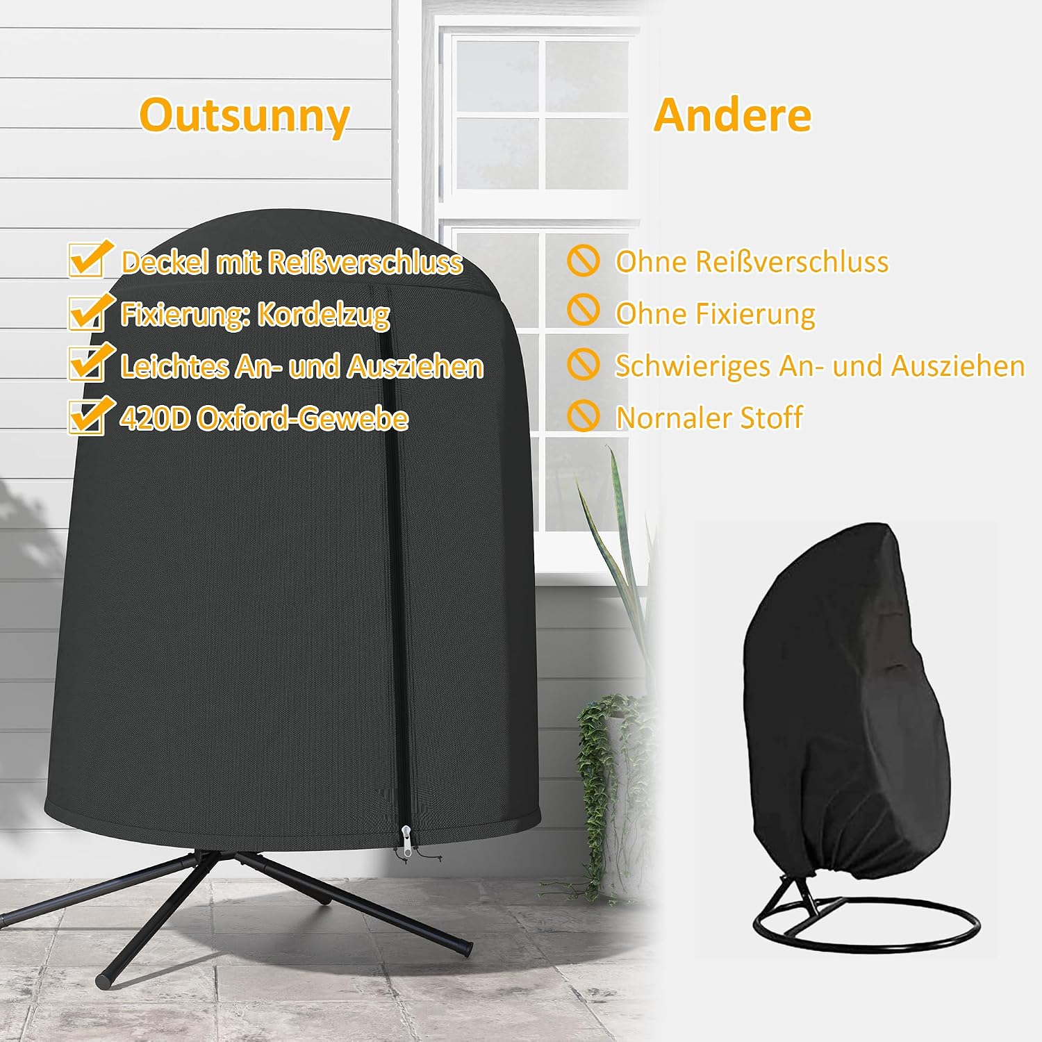 Outsunny Hängesessel Abdeckung Wasserdicht Winddicht Schutzhülle mit Reißverschluss 420D Oxford Outdoor Gewebe für Hängekorb Schwingsessel Ø128 x 190 cm Schwarz — Ansicht 4