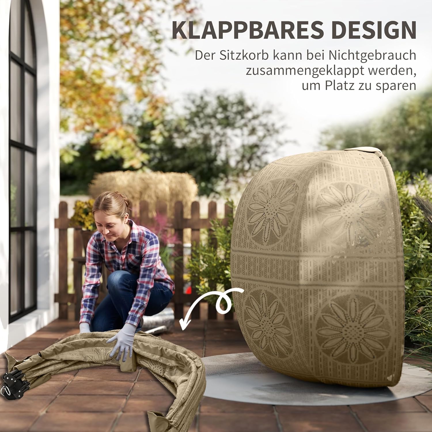 Outsunny Hängesessel mit Gestell, Eiförmiger Hängeschaukel mit abnehmbarem waschbarem Kissen, Hängematte für 2 Personen, Schaukelsessel Indoor Outdoor, Sand+Schwarz — Ansicht 5
