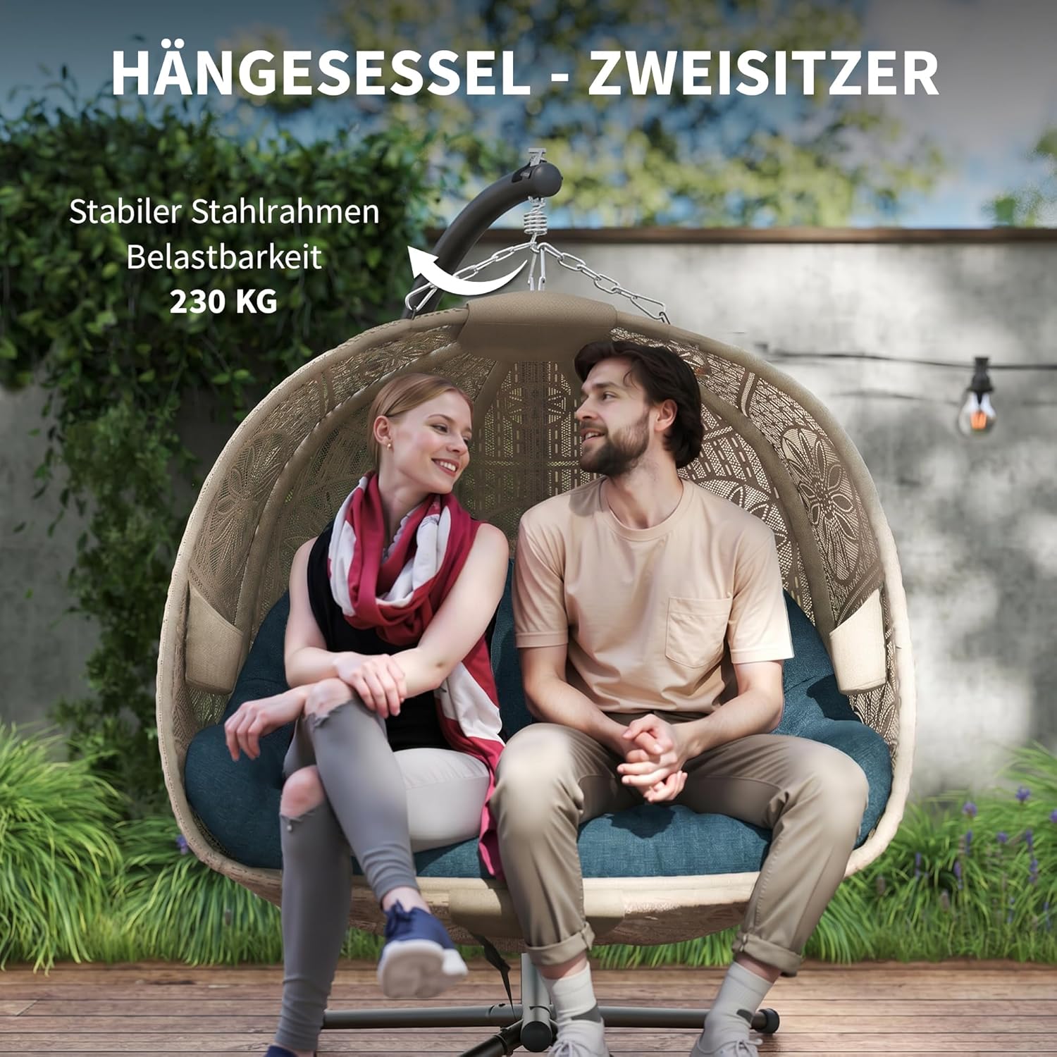 Outsunny Hängesessel mit Gestell, Eiförmiger Hängeschaukel mit abnehmbarem waschbarem Kissen, Hängematte für 2 Personen, Schaukelsessel Indoor Outdoor, Sand+Schwarz — Ansicht 6