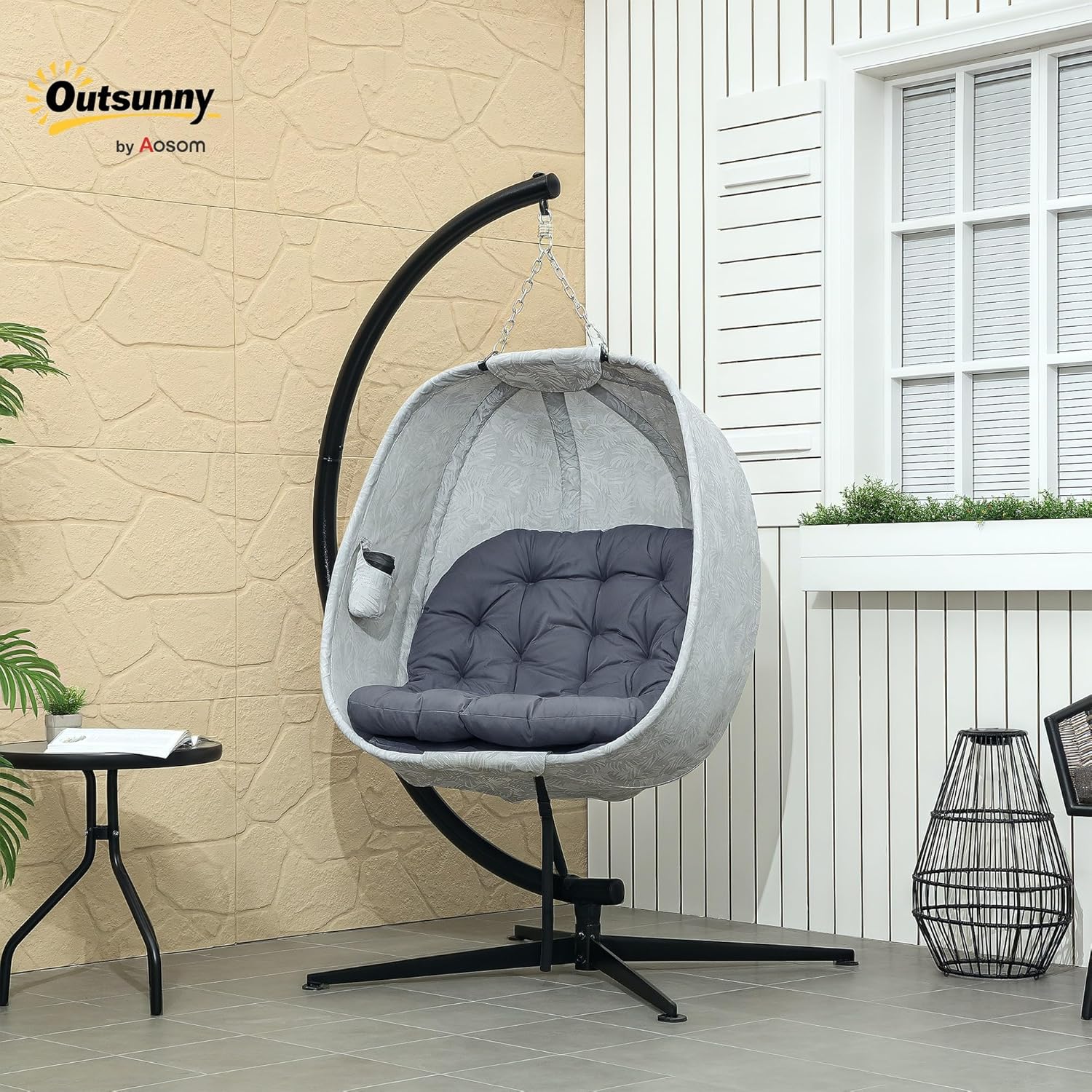 Outsunny Hängesessel mit Gestell, Faltbar Eiförmiger Hängeschaukel mit weichem Sitzpolstern, Hängematte für den Außenbereich Schaukelsessel Indoor Outdoor, Terrasse, Garten, Grau — Ansicht 2