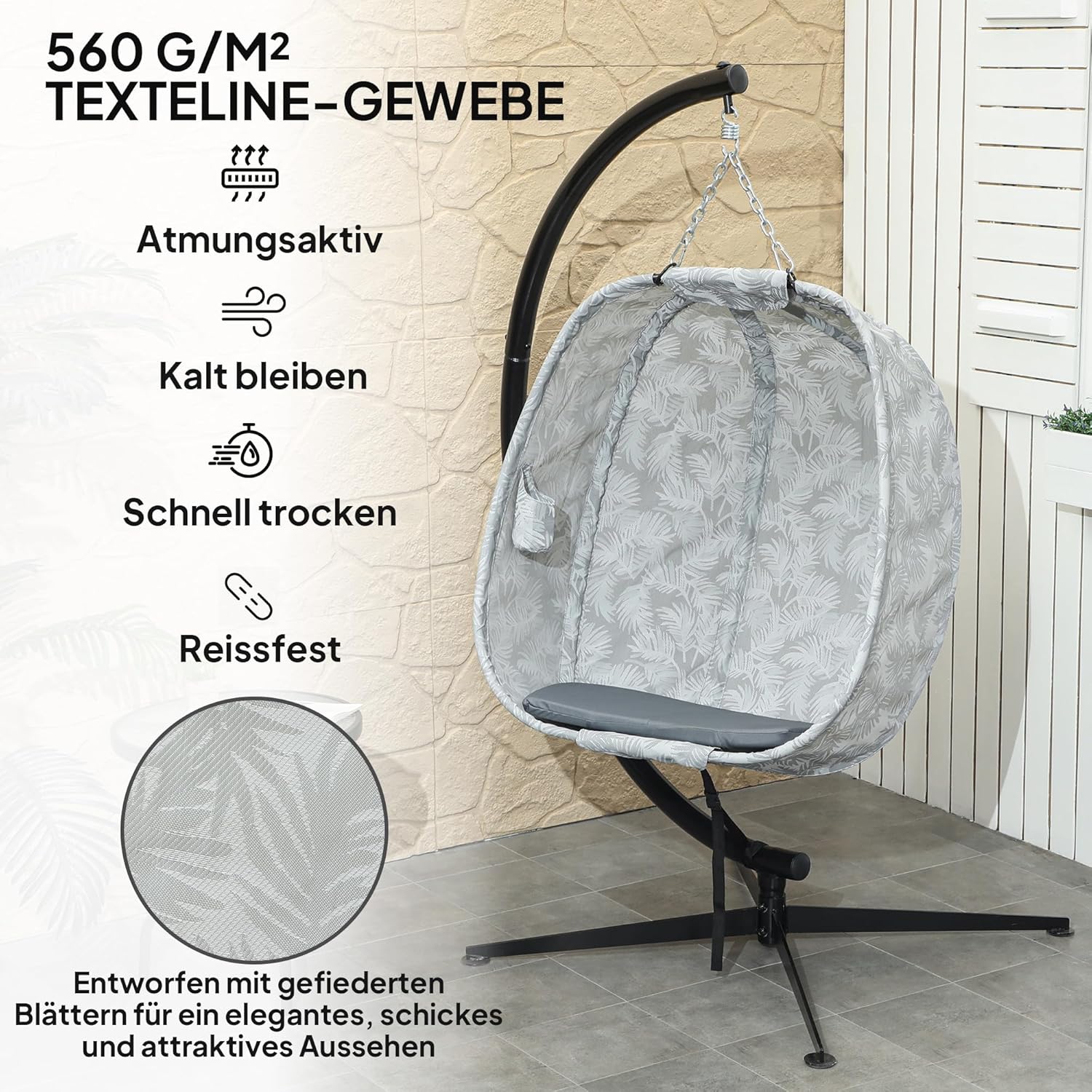 Outsunny Hängesessel mit Gestell, Faltbar Eiförmiger Hängeschaukel mit weichem Sitzpolstern, Hängematte für den Außenbereich Schaukelsessel Indoor Outdoor, Terrasse, Garten, Grau — Ansicht 4