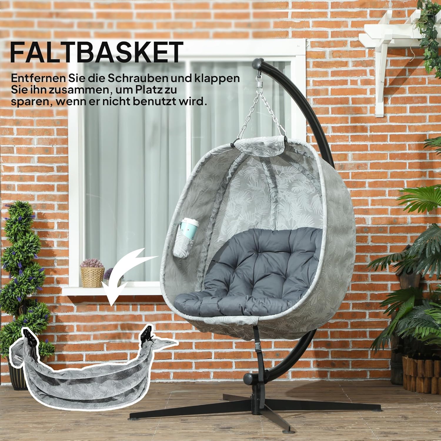 Outsunny Hängesessel mit Gestell, Faltbar Eiförmiger Hängeschaukel mit weichem Sitzpolstern, Hängematte für den Außenbereich Schaukelsessel Indoor Outdoor, Terrasse, Garten, Grau — Ansicht 5