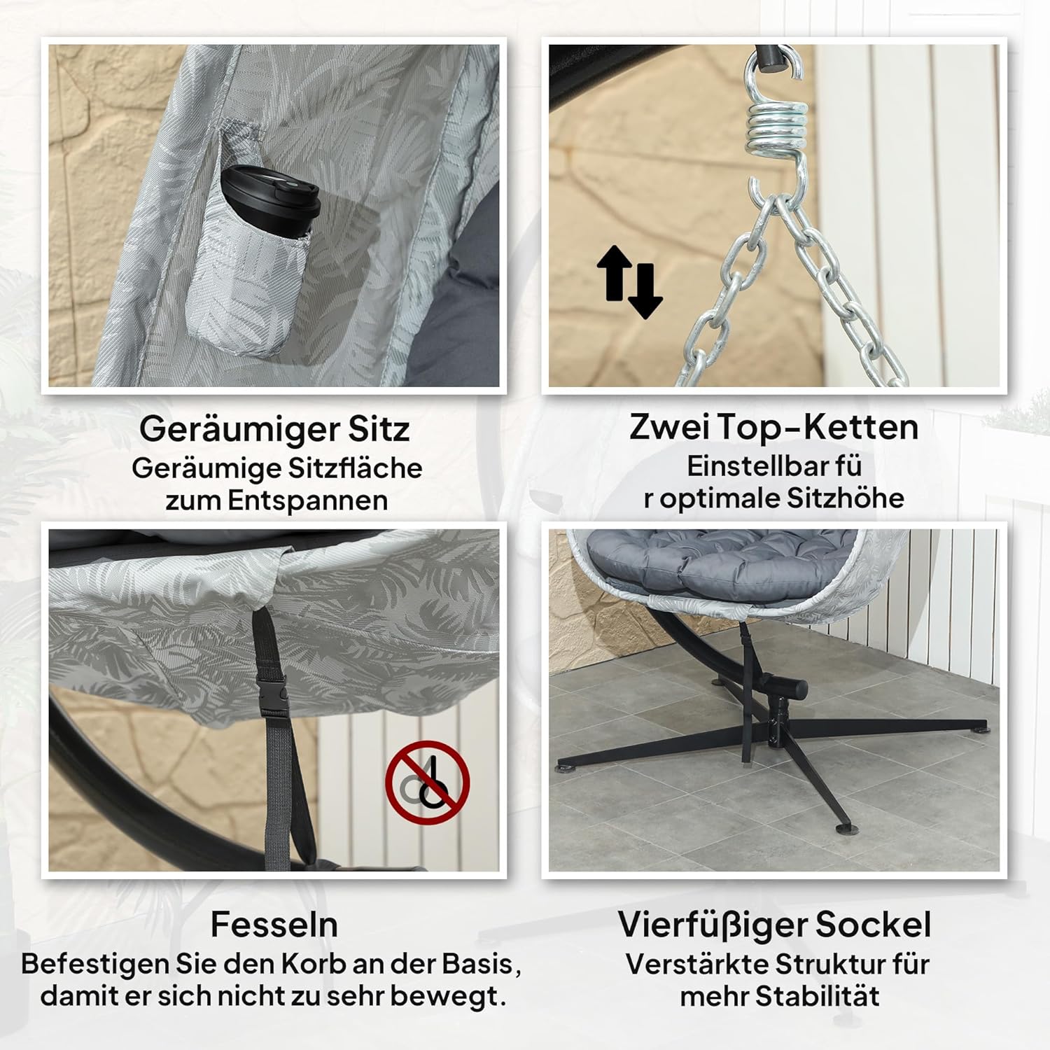 Outsunny Hängesessel mit Gestell, Faltbar Eiförmiger Hängeschaukel mit weichem Sitzpolstern, Hängematte für den Außenbereich Schaukelsessel Indoor Outdoor, Terrasse, Garten, Grau — Ansicht 6