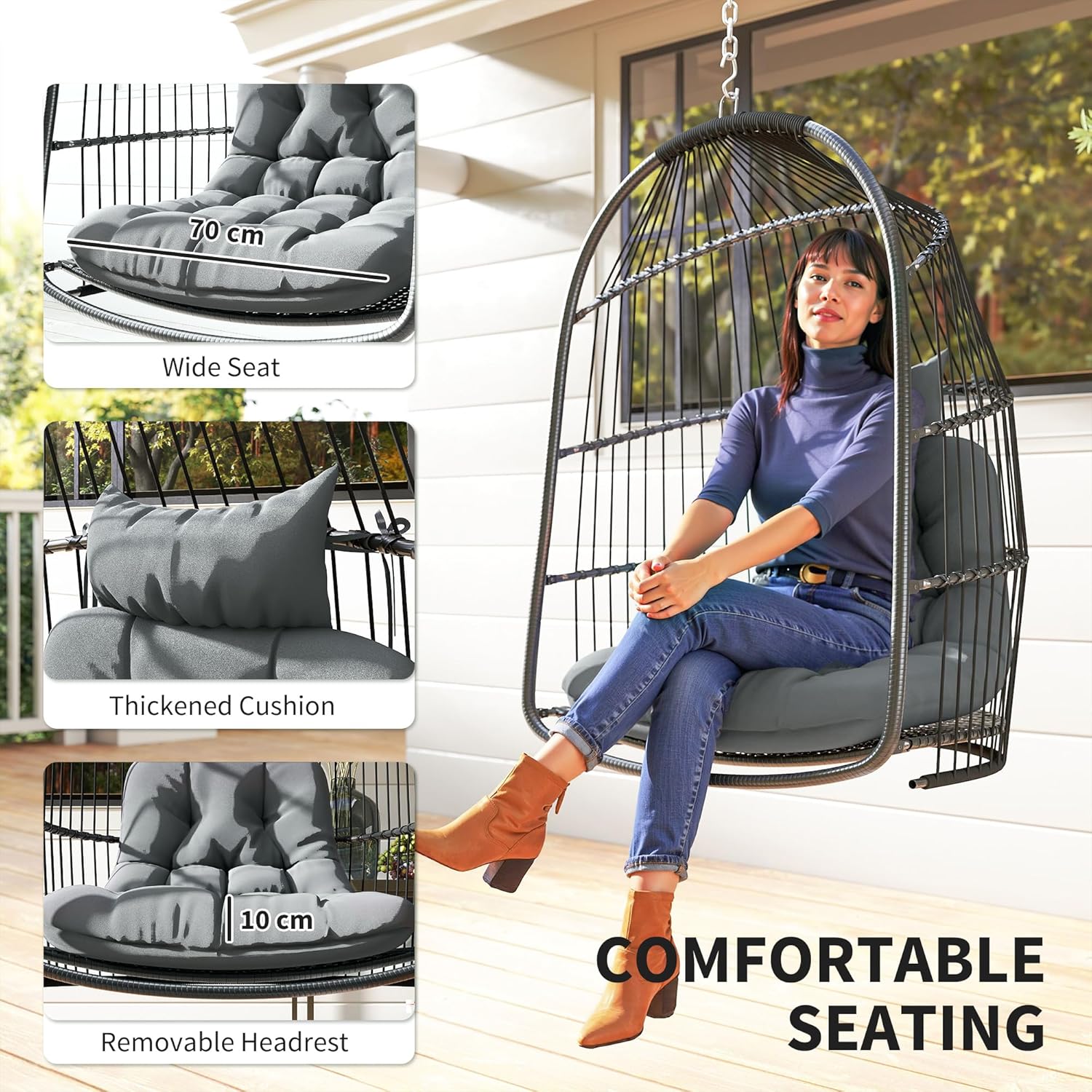 Outsunny Hängesessel Polyrattan Schaukel mit Kissen faltbar Hängekorb Indoor Outdoor Korbhängesessel belastbar bis 150kg Hängeschaukel Hängestuhl für Balkon Terrasse Wohnzimmer Dunkelgrau — Ansicht 3