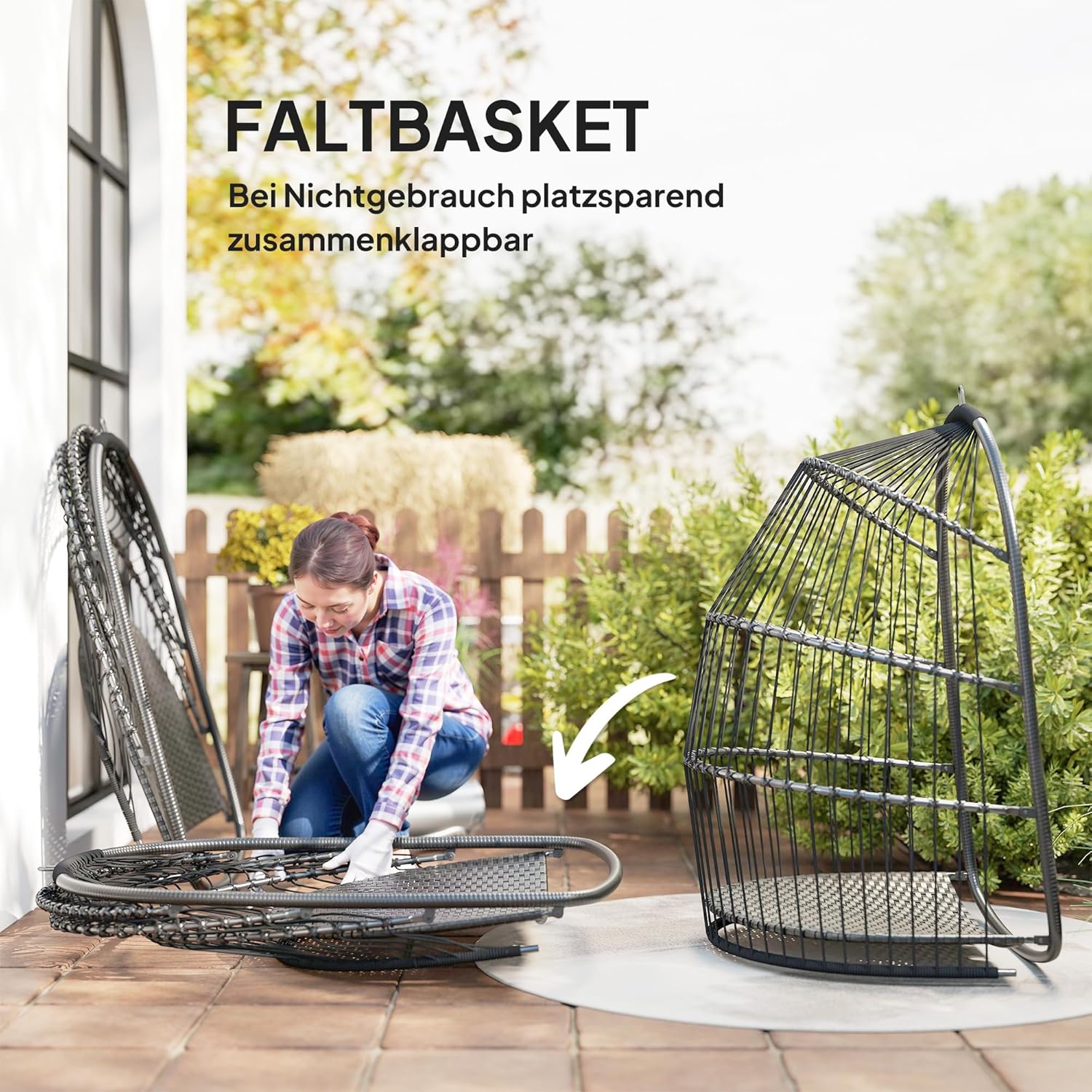 Outsunny Hängesessel Polyrattan Schaukel mit Kissen faltbar Hängekorb Indoor Outdoor Korbhängesessel belastbar bis 150kg Hängeschaukel Hängestuhl für Balkon Terrasse Wohnzimmer Dunkelgrau — Ansicht 5