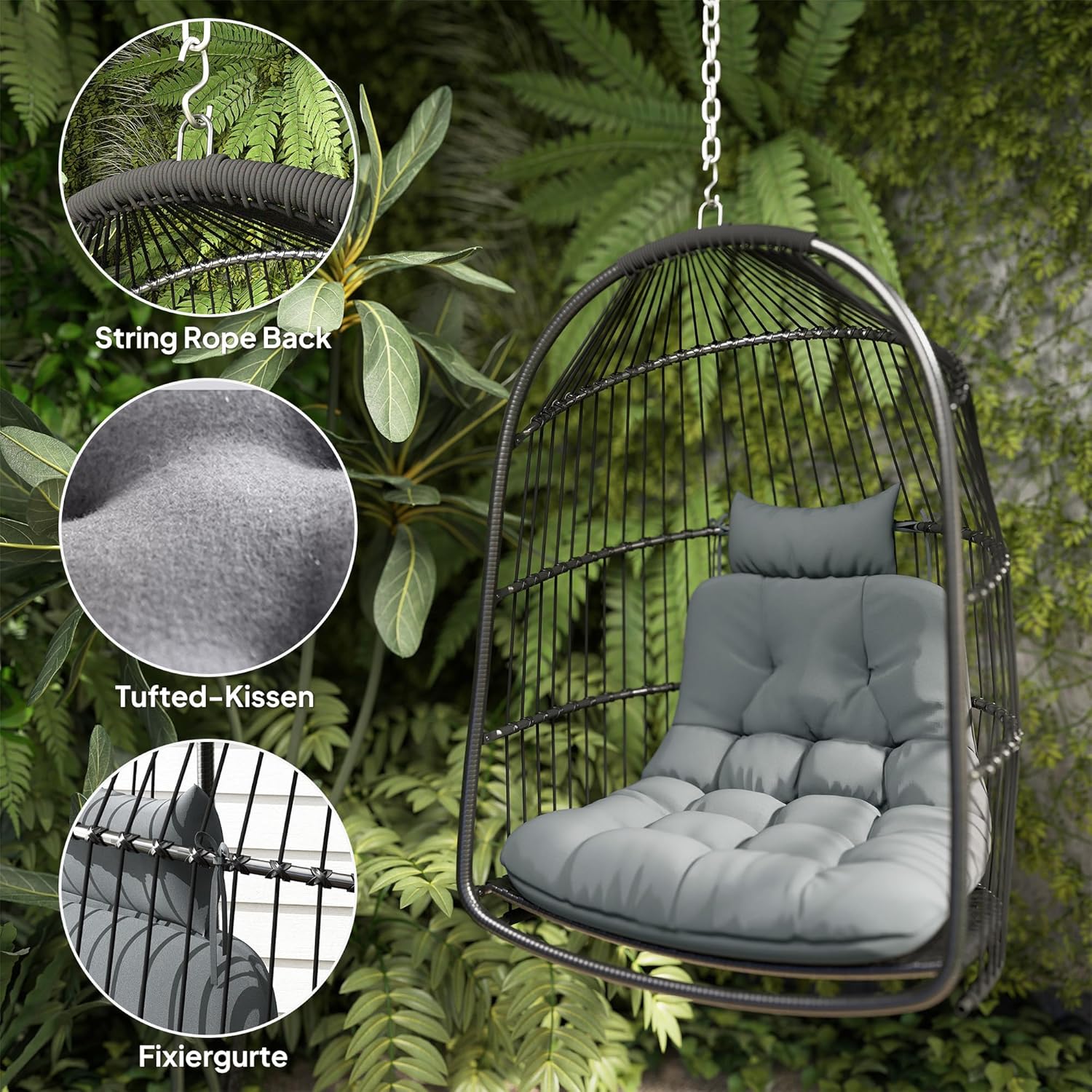 Outsunny Hängesessel Polyrattan Schaukel mit Kissen faltbar Hängekorb Indoor Outdoor Korbhängesessel belastbar bis 150kg Hängeschaukel Hängestuhl für Balkon Terrasse Wohnzimmer Dunkelgrau — Ansicht 6