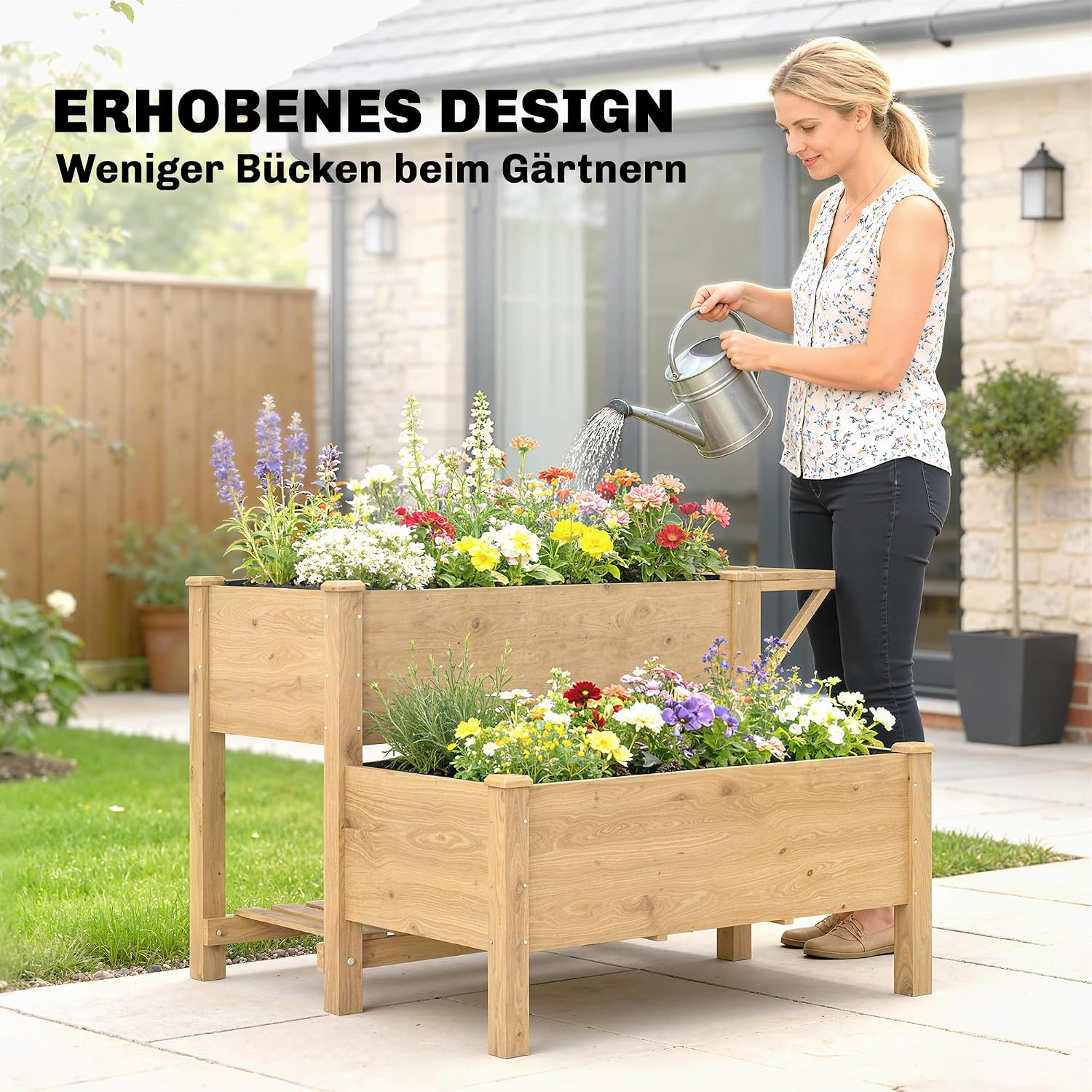 Outsunny Hochbeet 2-stufig erhöhter Pflanzkasten mit Vliesstoff Abflussloch Seitentisch, Holz Gemüsebeet Blumenkasten für Garten Balkon 119,5 x 102 x 76,5 cm Hellbraun — Ansicht 5