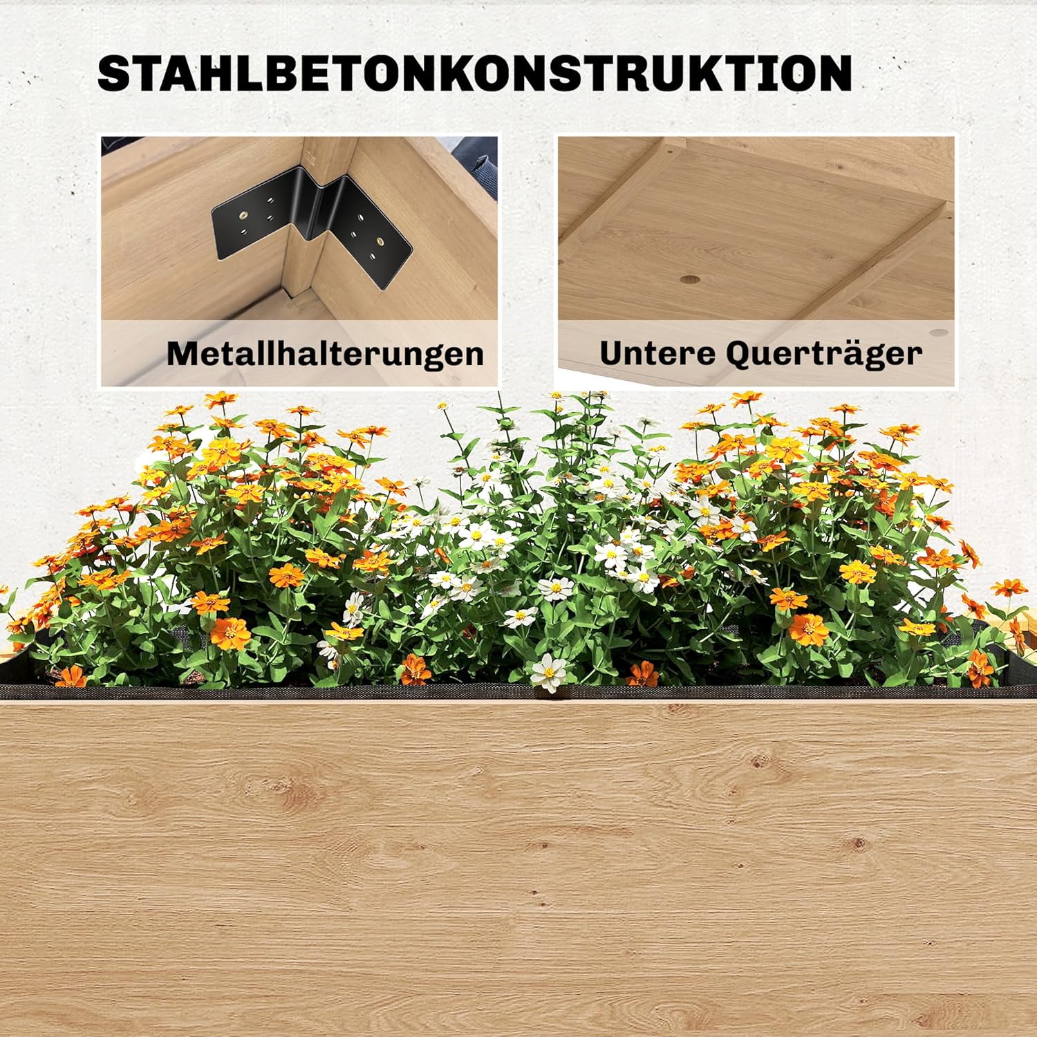 Outsunny Hochbeet 2-stufig erhöhter Pflanzkasten mit Vliesstoff Abflussloch Seitentisch, Holz Gemüsebeet Blumenkasten für Garten Balkon 119,5 x 102 x 76,5 cm Hellbraun — Ansicht 6