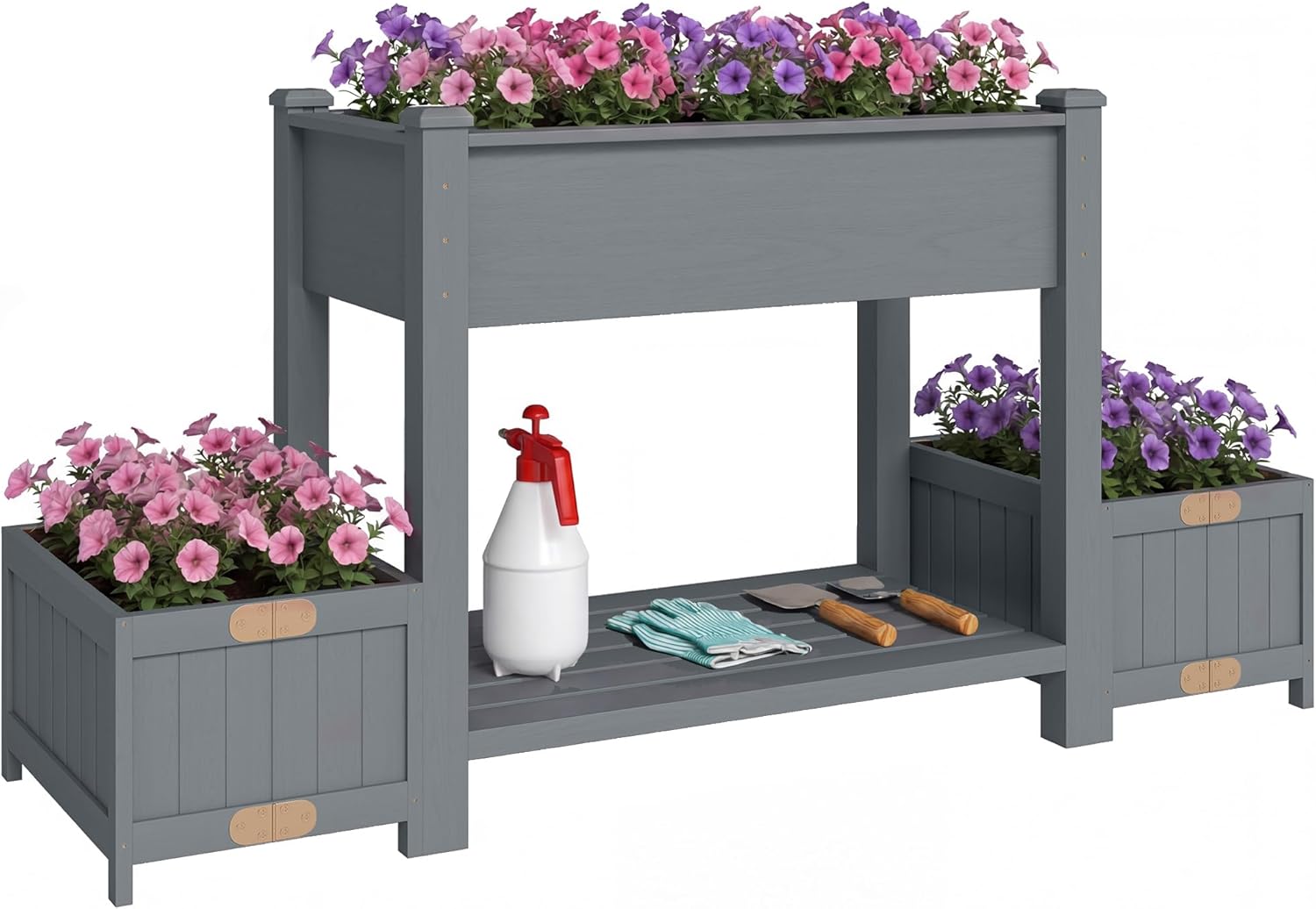 Outsunny Hochbeet aus Fichte mit Ablage und 2 klappbaren Seitentöpfen, Hochbeet für den Außenbereich mit Entwässerungslöchern für Gemüse, Blumen, 149 x 46 x 76 cm, Grau