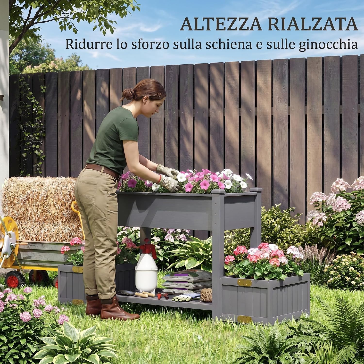Outsunny Hochbeet aus Fichte mit Ablage und 2 klappbaren Seitentöpfen, Hochbeet für den Außenbereich mit Entwässerungslöchern für Gemüse, Blumen, 149 x 46 x 76 cm, Grau — Ansicht 5