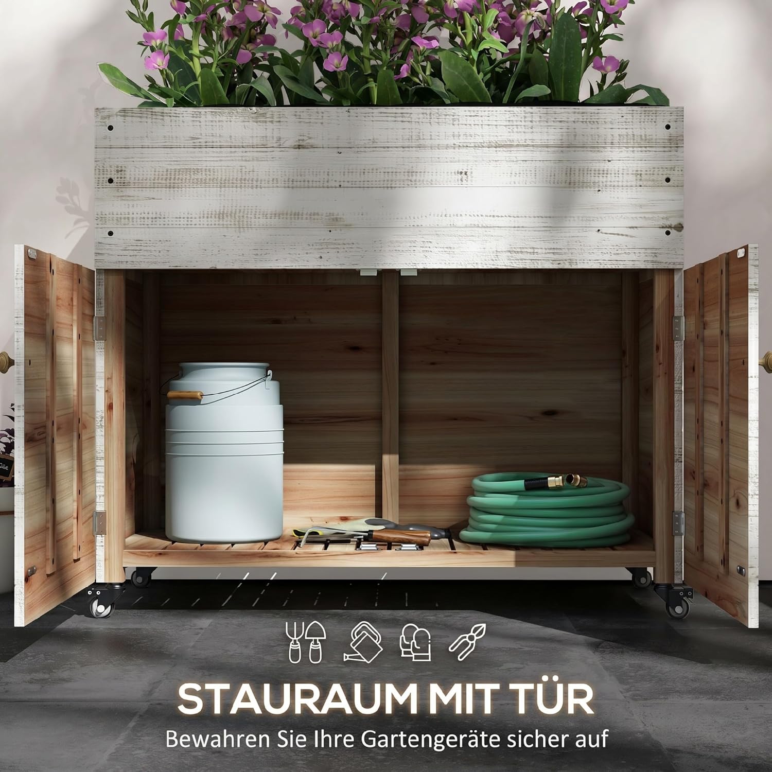 Outsunny Hochbeet aus Holz mit Schrankfach, Kräuterbeet mit Rollen, Pflanzkasten und Blumenkasten mit Vliesstoff für Balkon, Garten, 110 x 50 x 95 cm, Weiß — Ansicht 4