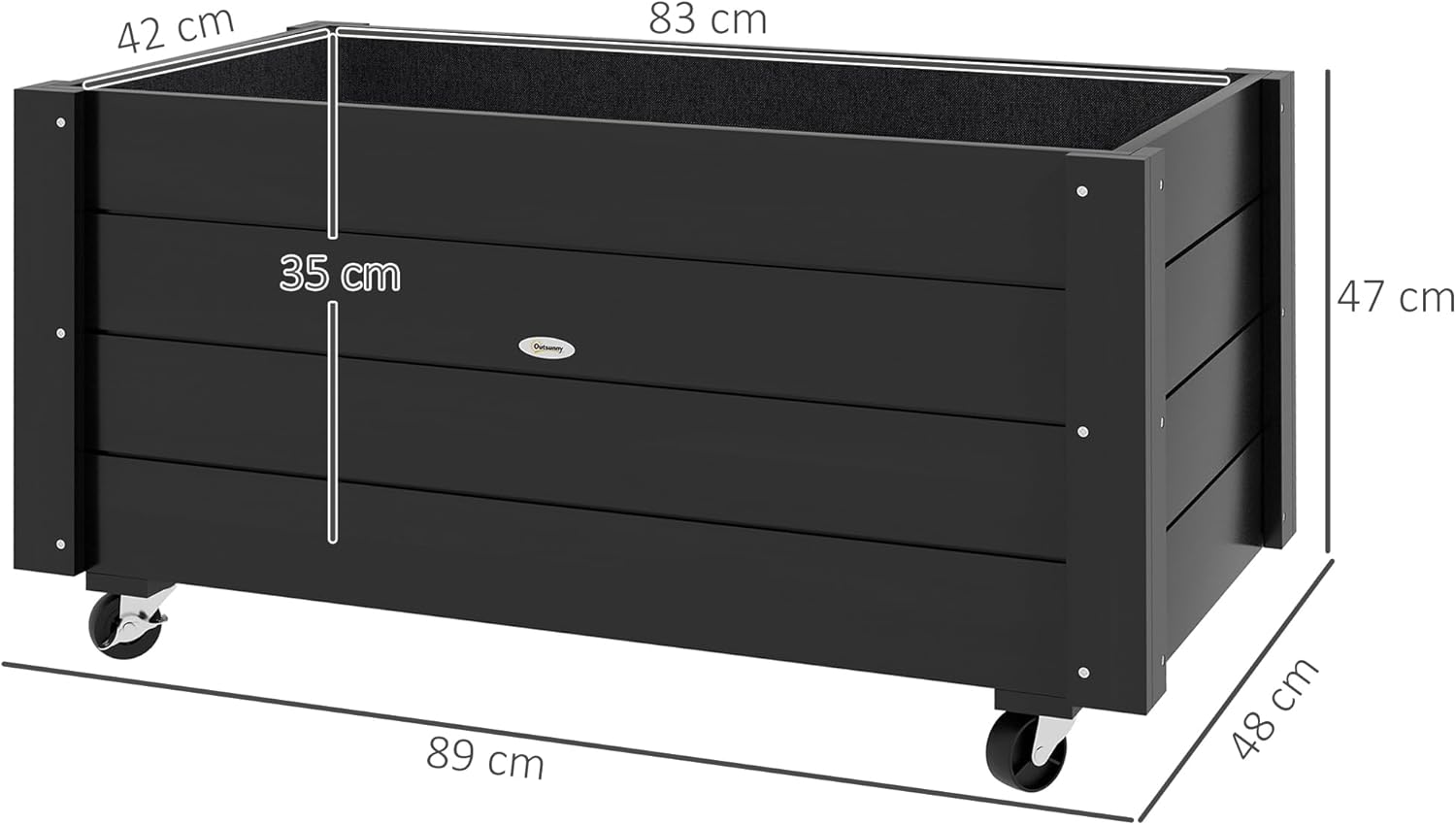 Outsunny Hochbeet Massivholz, Frühbeet mit Rollen, Pflanzkübel Gartenbeet Blumenkasten, Pflanzkasten 89x48x47cm Pflanzbeet für Garten, Terrasse, Blumenkübel für Blumen, Kletterpflanzen, Schwarz — Ansicht 6