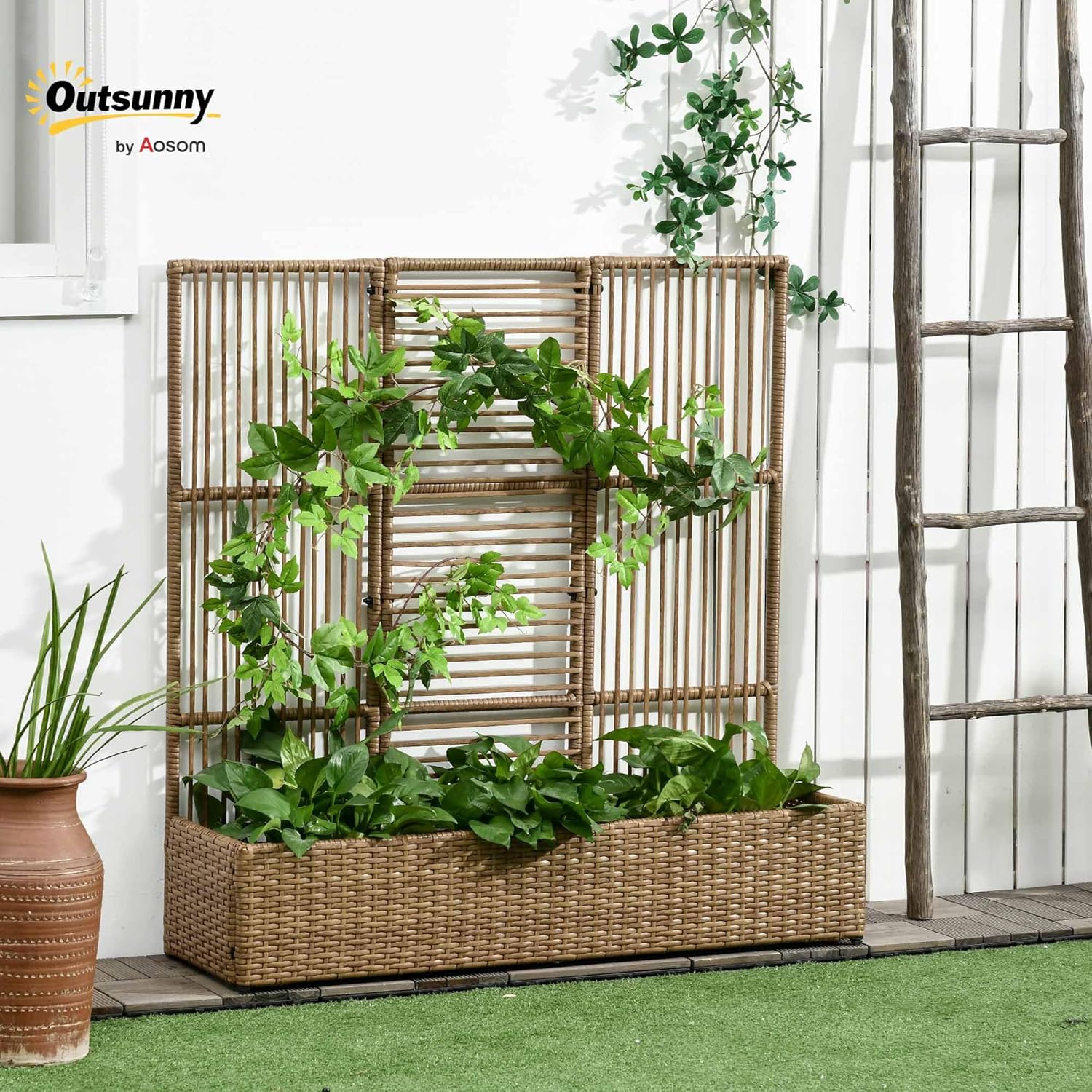 Outsunny Hochbeet mit Rankgitter in Rattan-Optik Pflanzkasten mit Rankhilfe für Kletterpflanzen Blumenkasten Blumenbeet Pflanzkübel Rankkasten für Garten, Balkon, 103 x 29 x 103 cm Sand — Ansicht 2