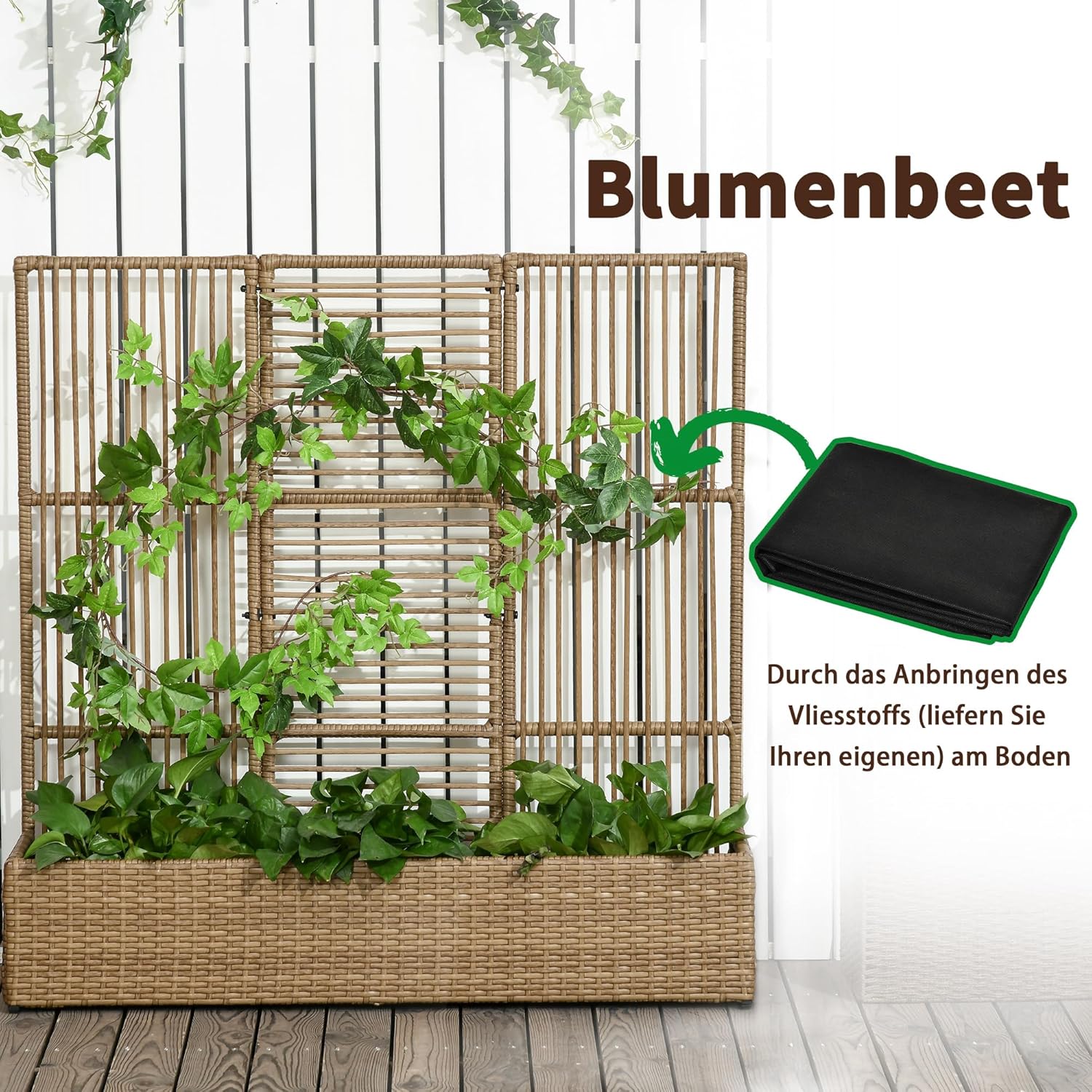 Outsunny Hochbeet mit Rankgitter in Rattan-Optik Pflanzkasten mit Rankhilfe für Kletterpflanzen Blumenkasten Blumenbeet Pflanzkübel Rankkasten für Garten, Balkon, 103 x 29 x 103 cm Sand — Ansicht 6