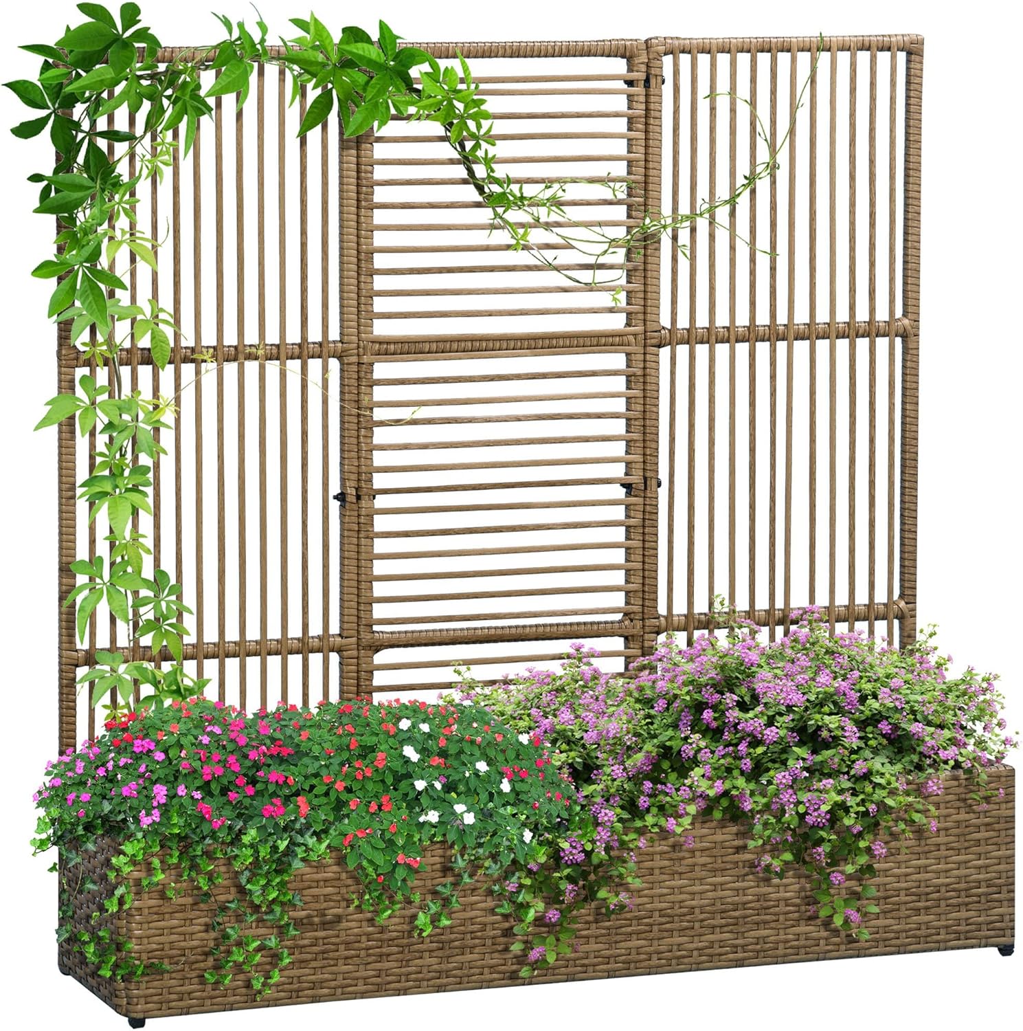 Outsunny Hochbeet mit Rankgitter in Rattan-Optik Pflanzkasten mit Rankhilfe für Kletterpflanzen Blumenkasten Blumenbeet Pflanzkübel Rankkasten für Garten, Balkon, 103 x 29 x 103 cm Sand