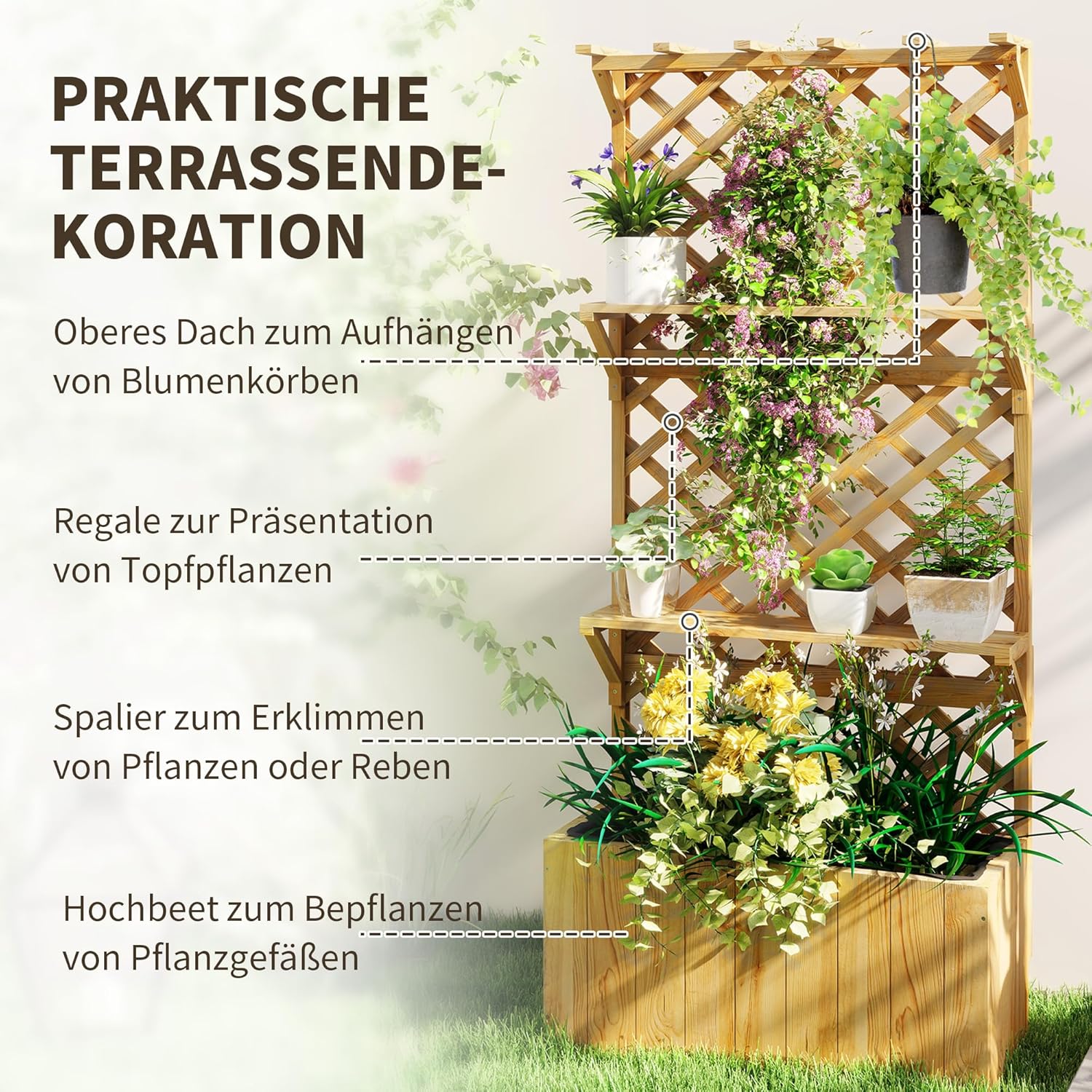 Outsunny Hochbeet mit Spalier, Blumenhochbeet aus Tanneholz, Pflanzbeet mit Rankgitter, Frühbeet mit Regale, Gartenbeet Pflanzkübel Pflanzkasten für Terrasse, Garten, 76 x 33 x 177 cm — Ansicht 3