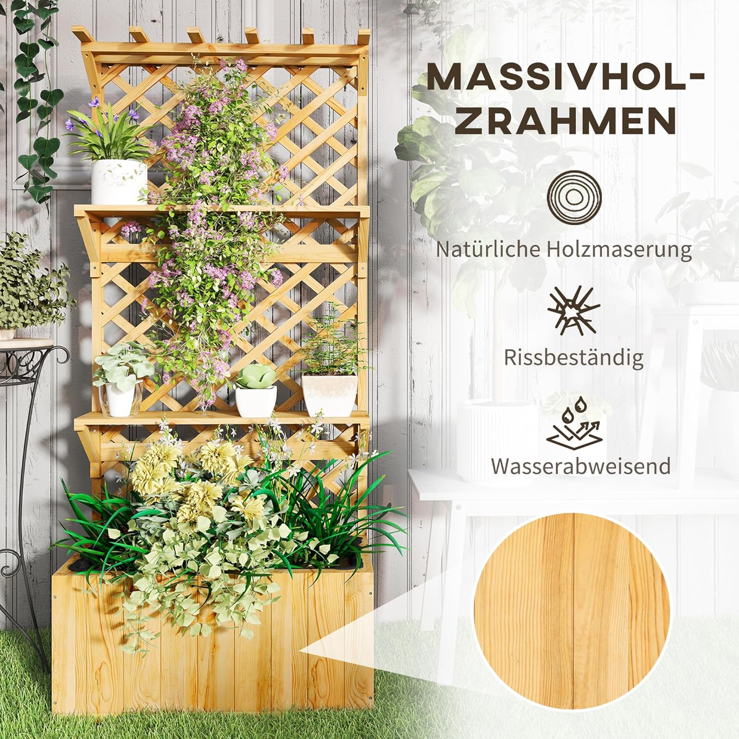 Outsunny Hochbeet mit Spalier, Blumenhochbeet aus Tanneholz, Pflanzbeet mit Rankgitter, Frühbeet mit Regale, Gartenbeet Pflanzkübel Pflanzkasten für Terrasse, Garten, 76 x 33 x 177 cm — Ansicht 6