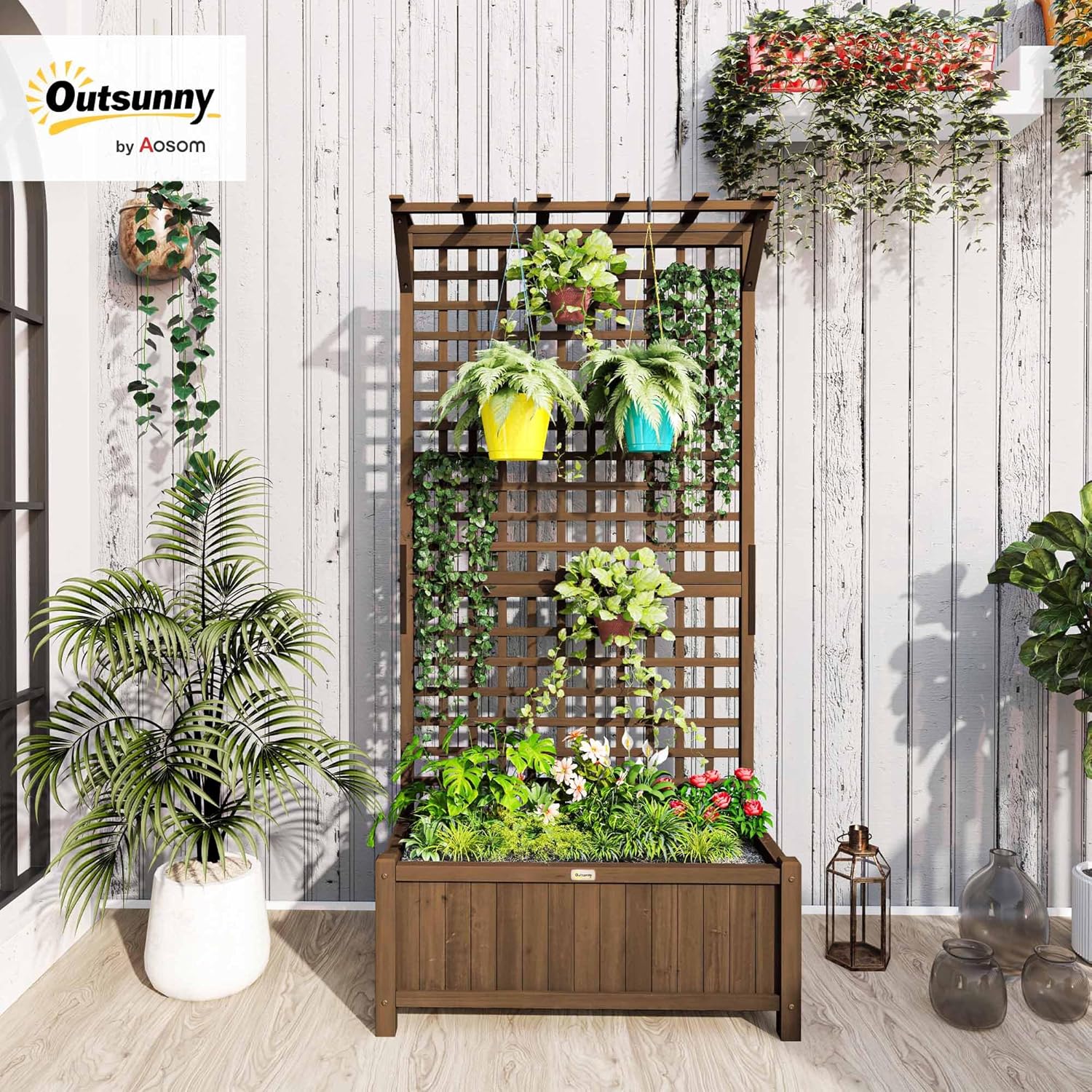 Outsunny Hochbeet Pflanzkasten mit Rankgitter, Spalier Pflanzkübel Blumenkasten Holz, Gartenspalier 90 x 45 x 183cm für Garten Balkon Terrasse, Blumenkübel für Kletterpflanzen Korbpflanzen, Blumen — Ansicht 2
