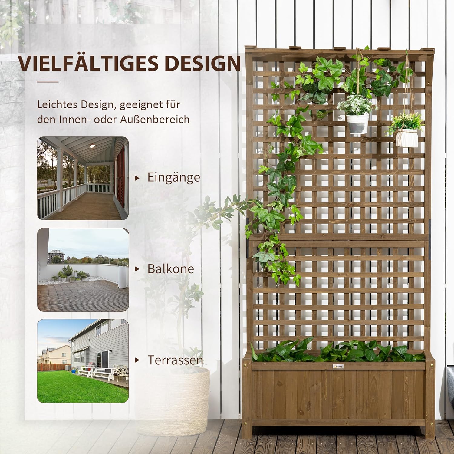 Outsunny Hochbeet Pflanzkasten mit Rankgitter, Spalier Pflanzkübel Blumenkasten Holz, Gartenspalier 90 x 45 x 183cm für Garten Balkon Terrasse, Blumenkübel für Kletterpflanzen Korbpflanzen, Blumen — Ansicht 5
