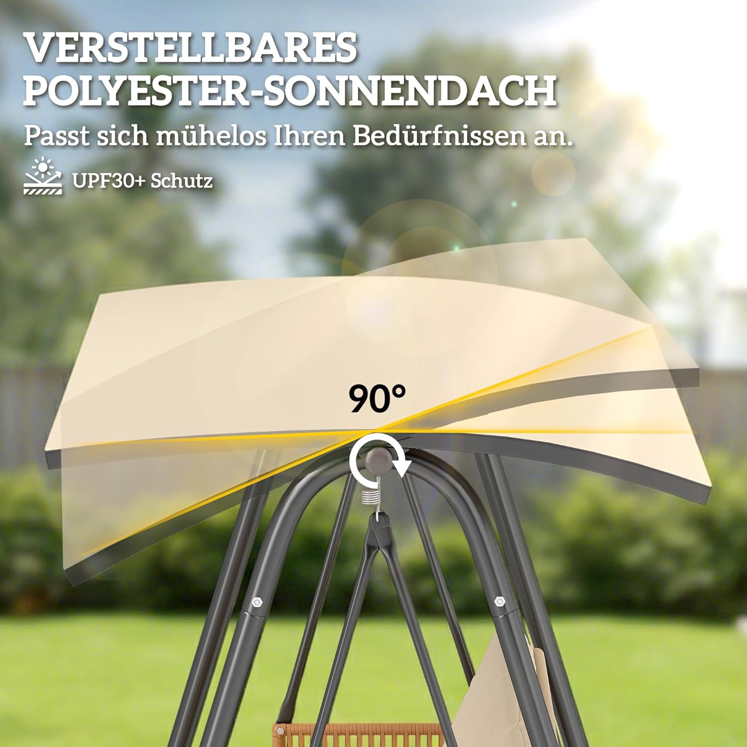 Outsunny Hollywoodschaukel 3-Sitzer Gartenschaukel mit verstellbar Sonnendach abnehmbar atmungsaktiv Sitzauflage Rattan-Arm, Metall UV 30+ Schaukelbank bis 360kg, 203 x 121 x 165 cm Sand — Ansicht 5