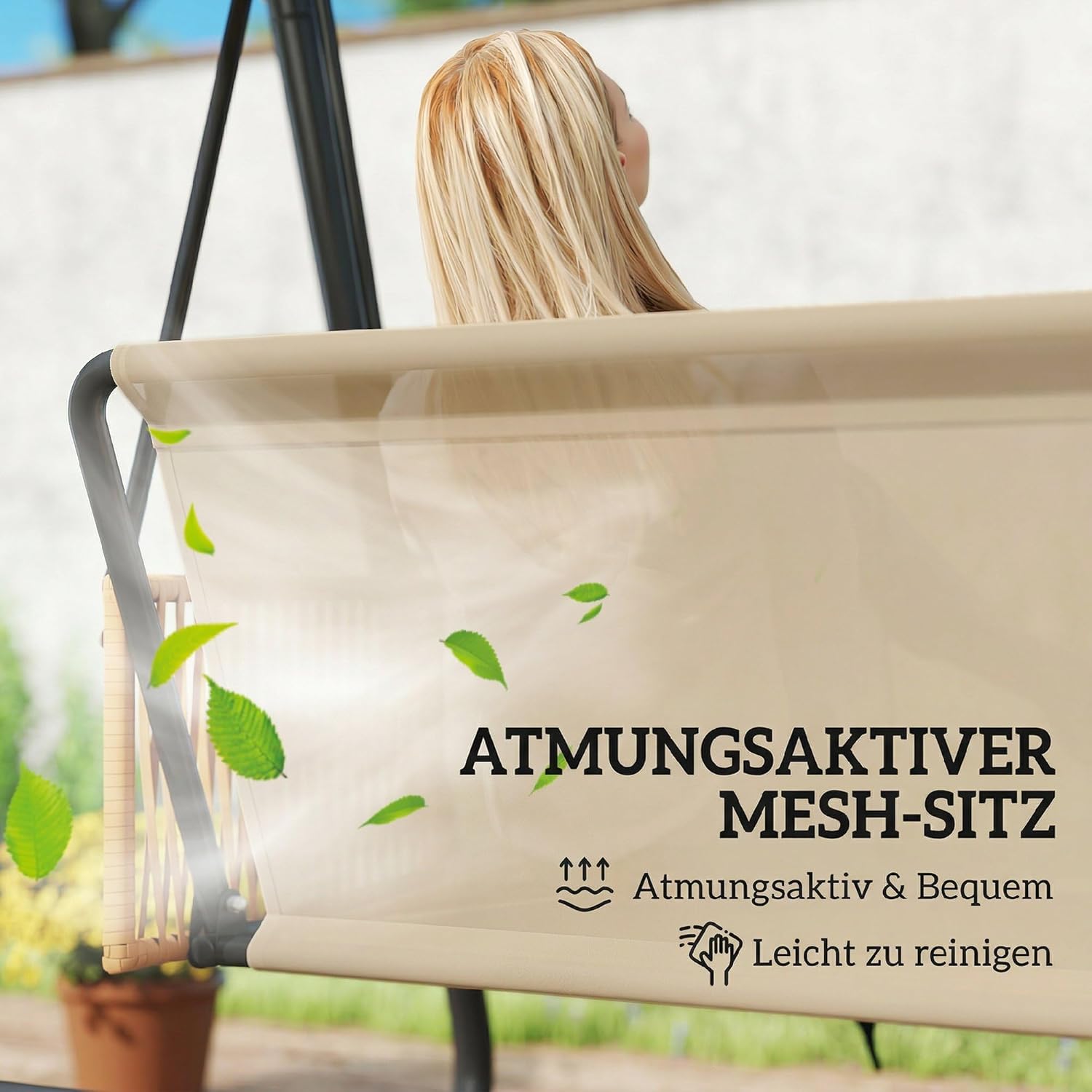 Outsunny Hollywoodschaukel 3-Sitzer Gartenschaukel mit verstellbar Sonnendach abnehmbar atmungsaktiv Sitzauflage Rattan-Arm, Metall UV 30+ Schaukelbank bis 360kg, 203 x 121 x 165 cm Sand — Ansicht 6
