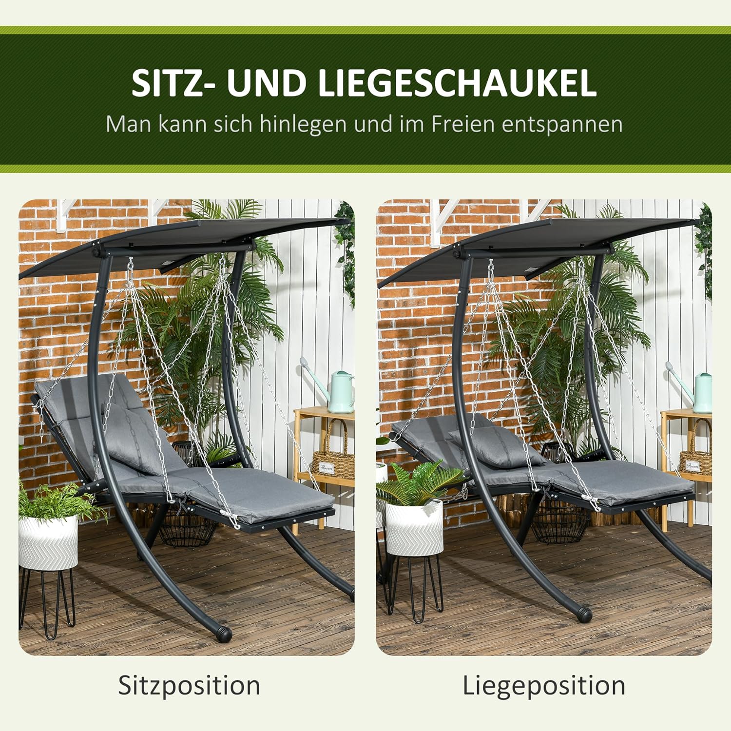 Outsunny Hollywoodschaukel, Gartenschaukel mit Kissen, Hängeliege mit Verstellbarem Sonnendach für Garten, Balkon, 108 x 145 cm x 169 cm, Stahl, Dunkelgrau — Ansicht 3