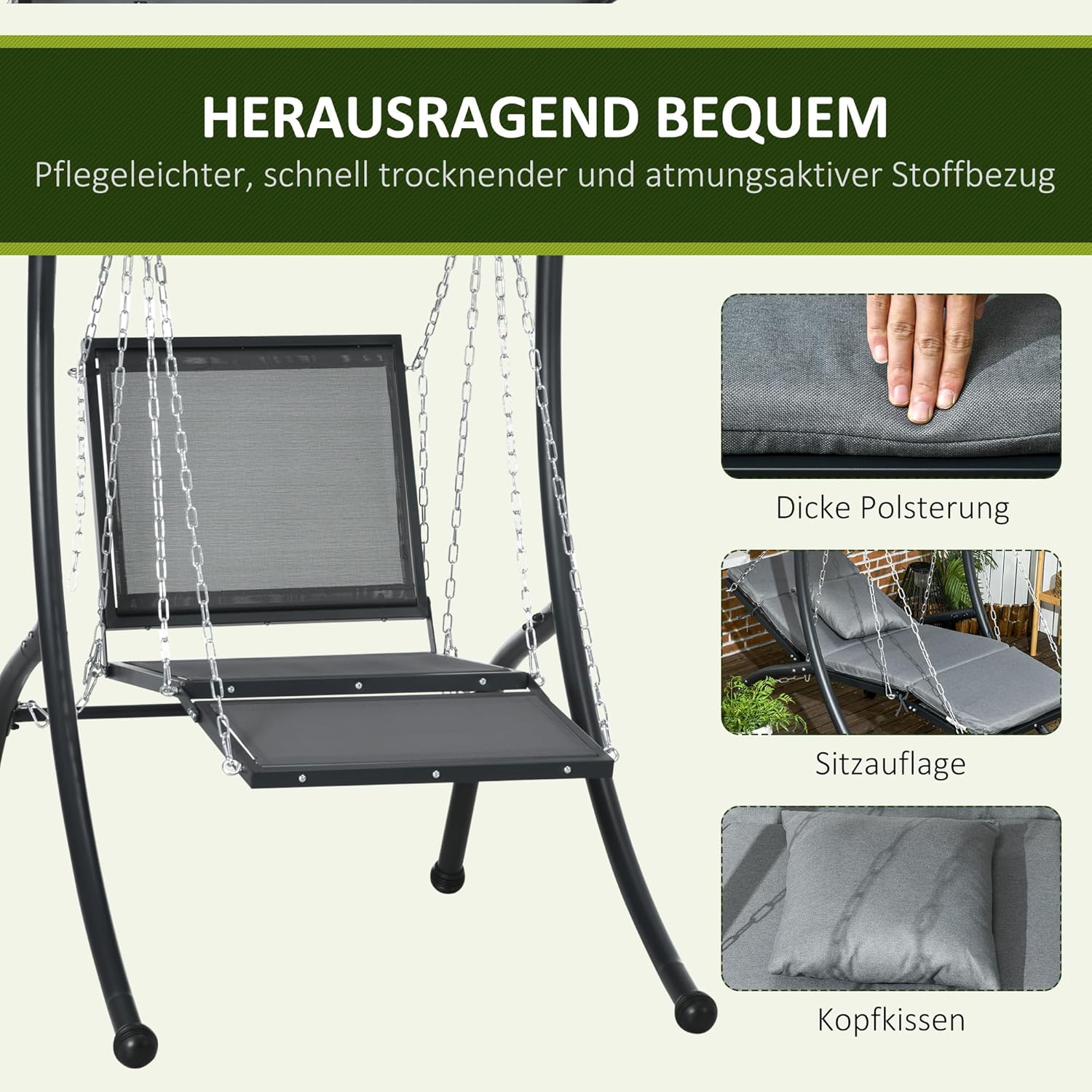 Outsunny Hollywoodschaukel, Gartenschaukel mit Kissen, Hängeliege mit Verstellbarem Sonnendach für Garten, Balkon, 108 x 145 cm x 169 cm, Stahl, Dunkelgrau — Ansicht 5