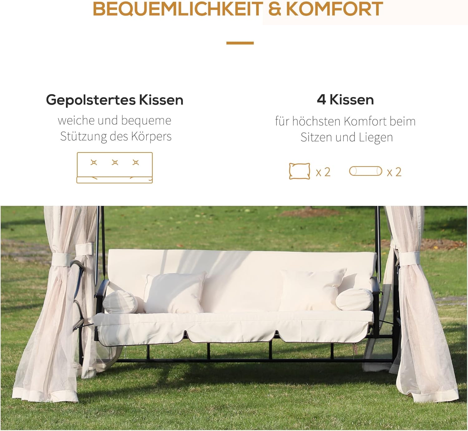 Outsunny Hollywoodschaukel Gartenschaukel Schaukel mit Seitenwänden 3-Sitzer Beige 256 x 172 x 248 cm — Ansicht 4