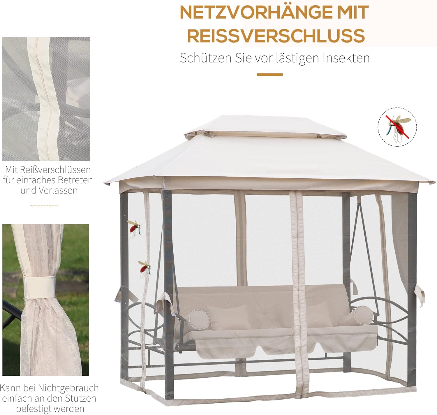 Outsunny Hollywoodschaukel Gartenschaukel Schaukel mit Seitenwänden 3-Sitzer Beige 256 x 172 x 248 cm — Ansicht 5